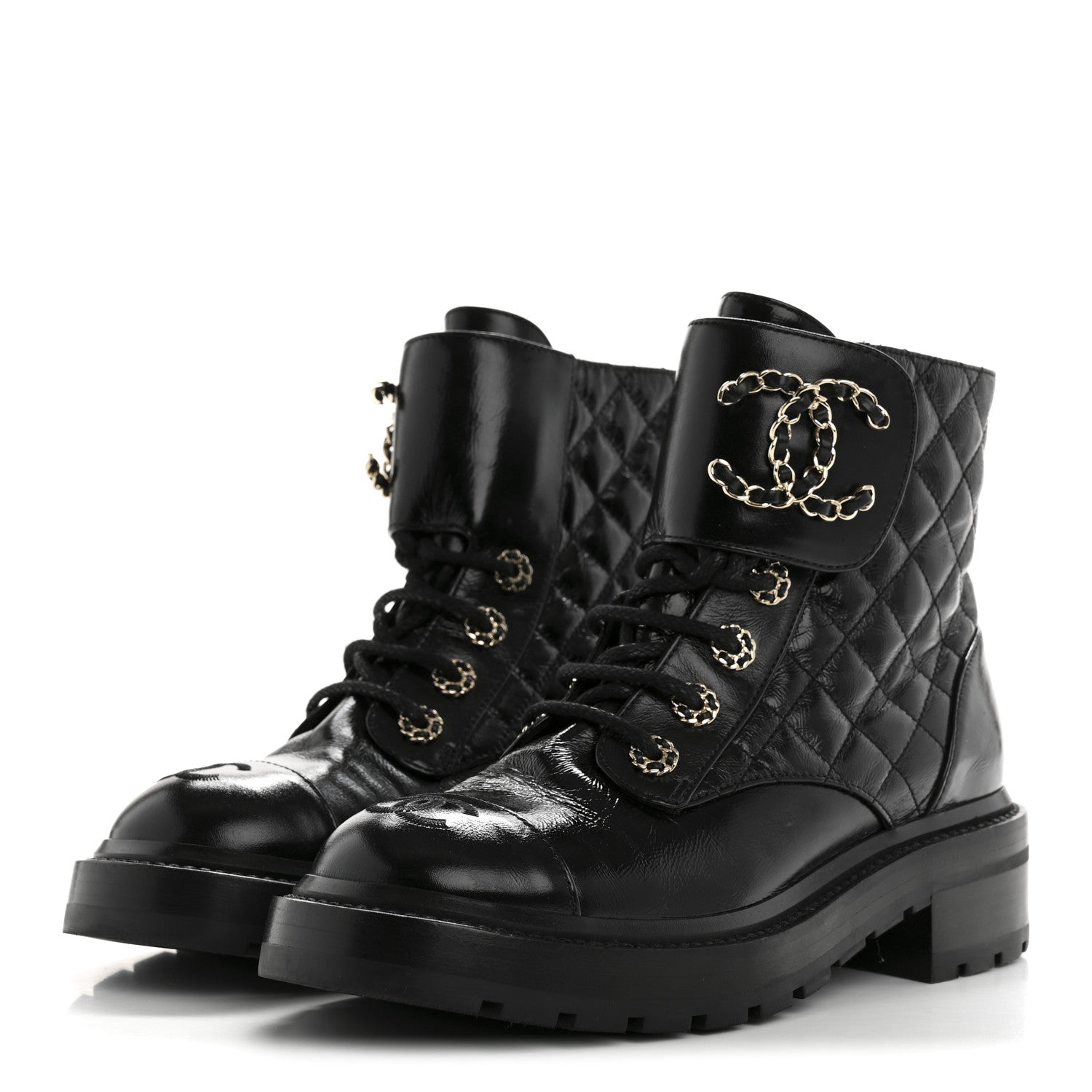 Chanel Shiny Lambskin Quilted Lace Up Combat Boots 37 Black 4 of 11