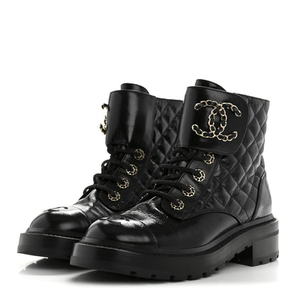 Chanel Shiny Lambskin Quilted Lace Up Combat Boots 37 Black 4 of 11