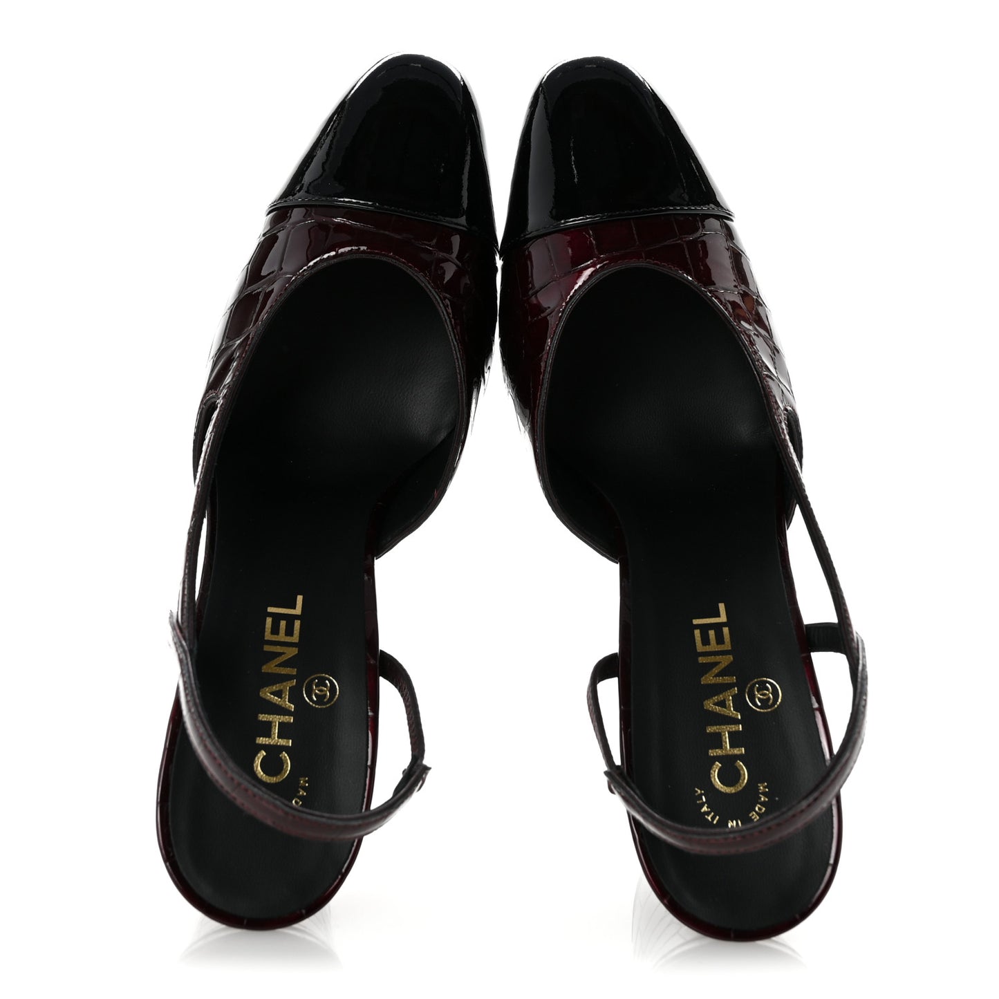 Patent Calfskin Crocodile Embossed Cap Toe CC Slingback Pumps 40 Dark Burgundy Black