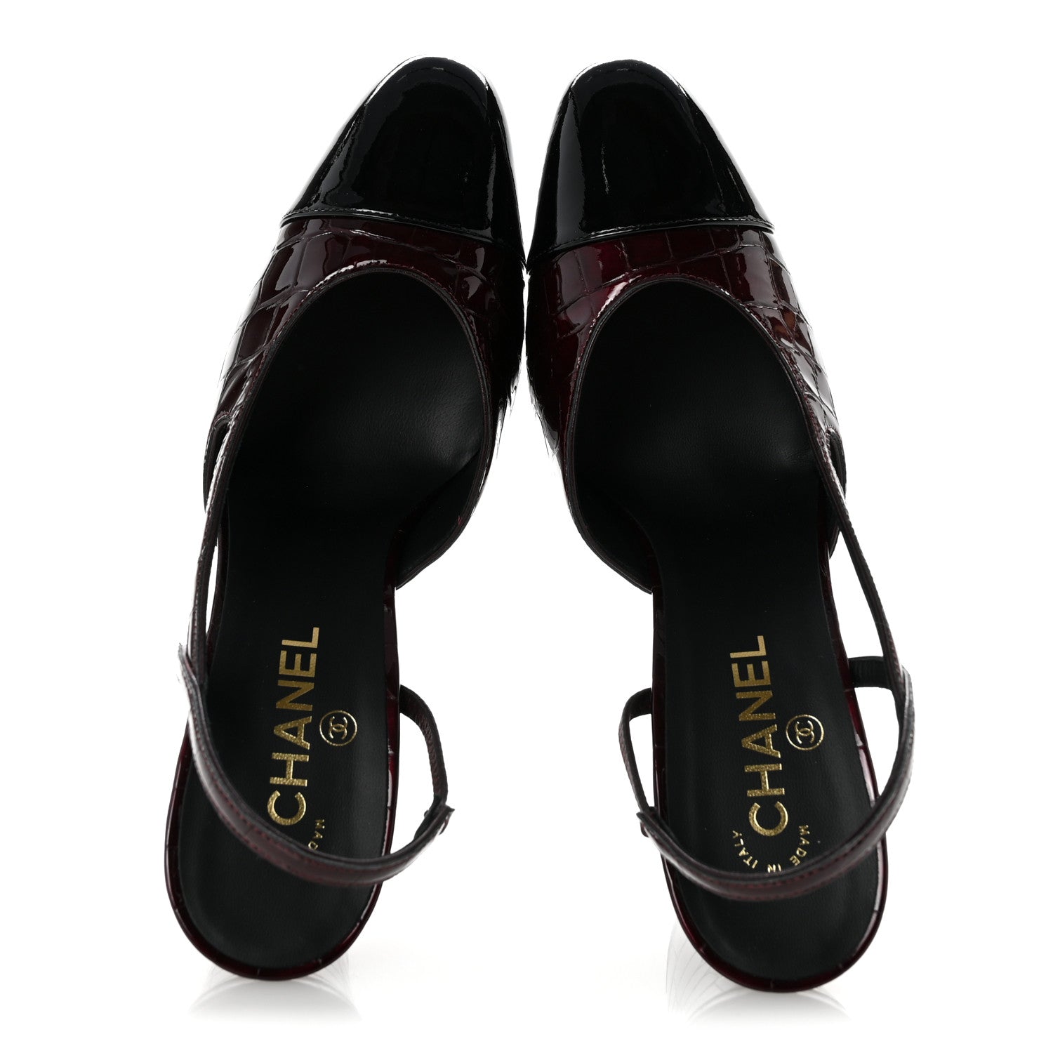 Chanel Patent Calfskin Crocodile Embossed Cap Toe CC Slingback Pumps 40 Dark Burgundy Black 2 of 10