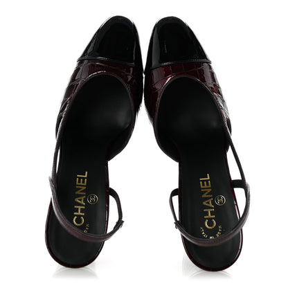 Chanel Patent Calfskin Crocodile Embossed Cap Toe CC Slingback Pumps 40 Dark Burgundy Black 2 of 10