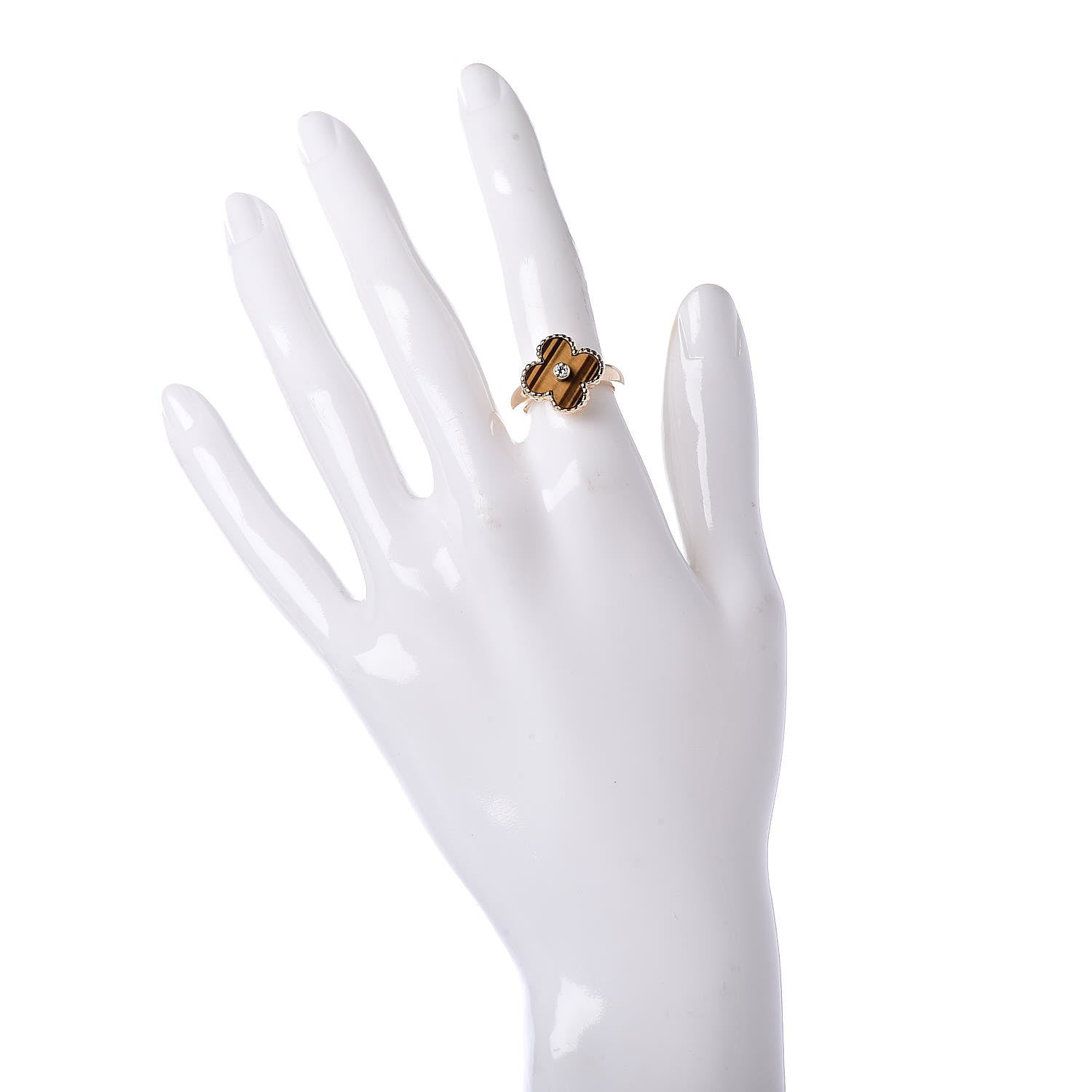 Van Cleef & Arpels 18K Yellow Gold Diamond Tiger's Eye Vintage Alhambra Ring 50 5.25 2 of 5