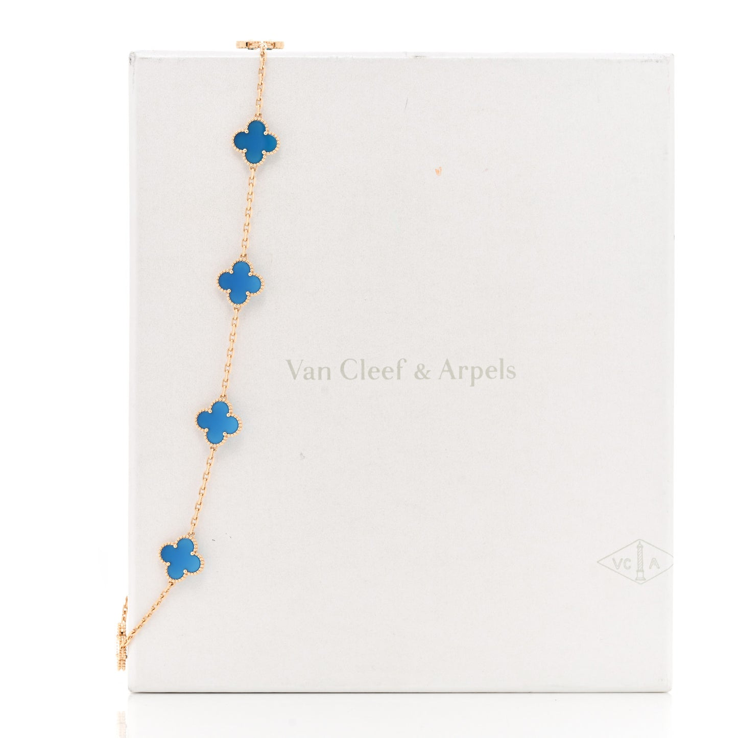 18K Yellow Gold Blue Agate 10 Motifs Vintage Alhambra Necklace