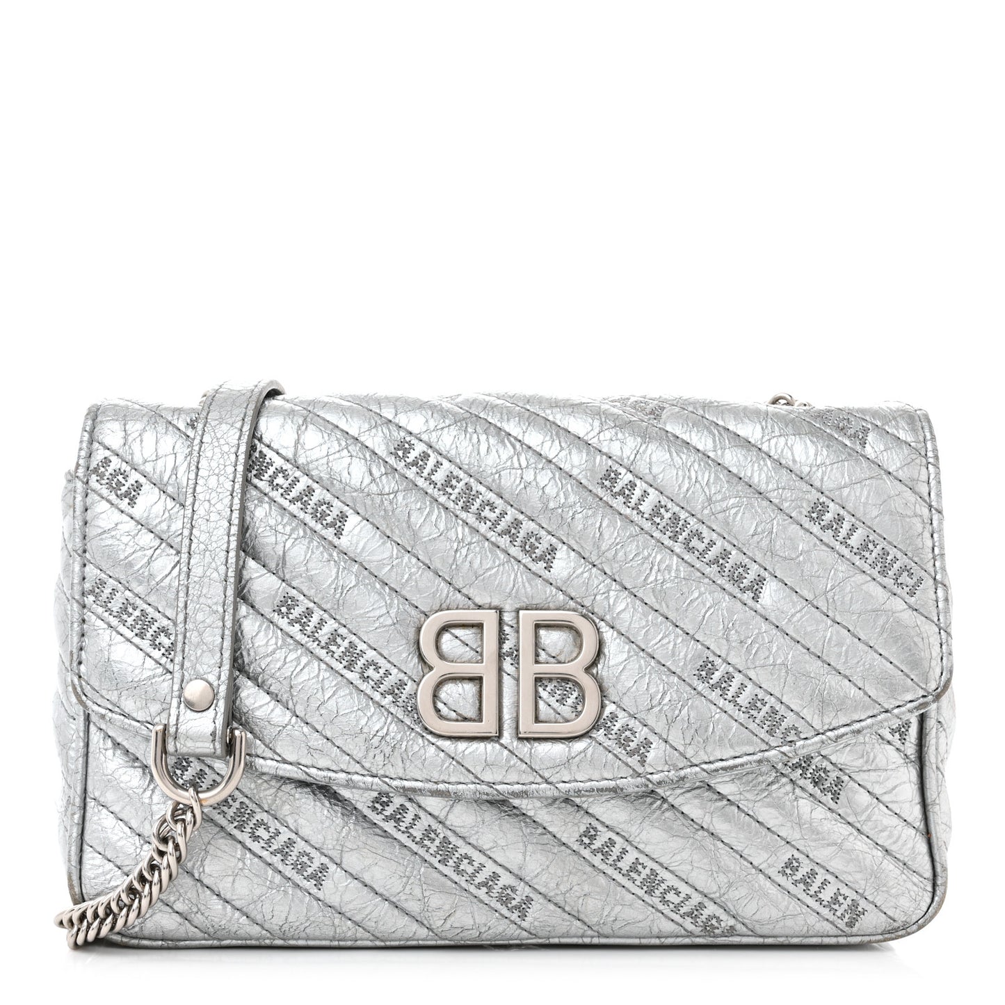 Metallic Arena Calfskin Logo Matelasse BB Chain Wallet Argent