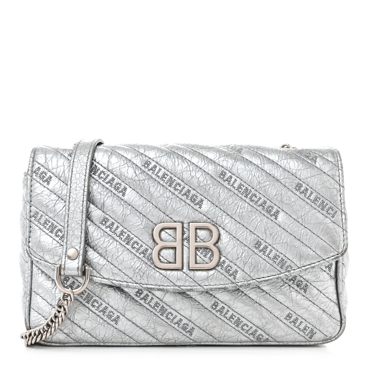 Balenciaga Metallic Arena Calfskin Logo Matelasse BB Chain Wallet Argent 1 of 11