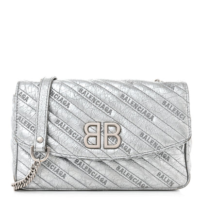 Balenciaga Metallic Arena Calfskin Logo Matelasse BB Chain Wallet Argent 1 of 11