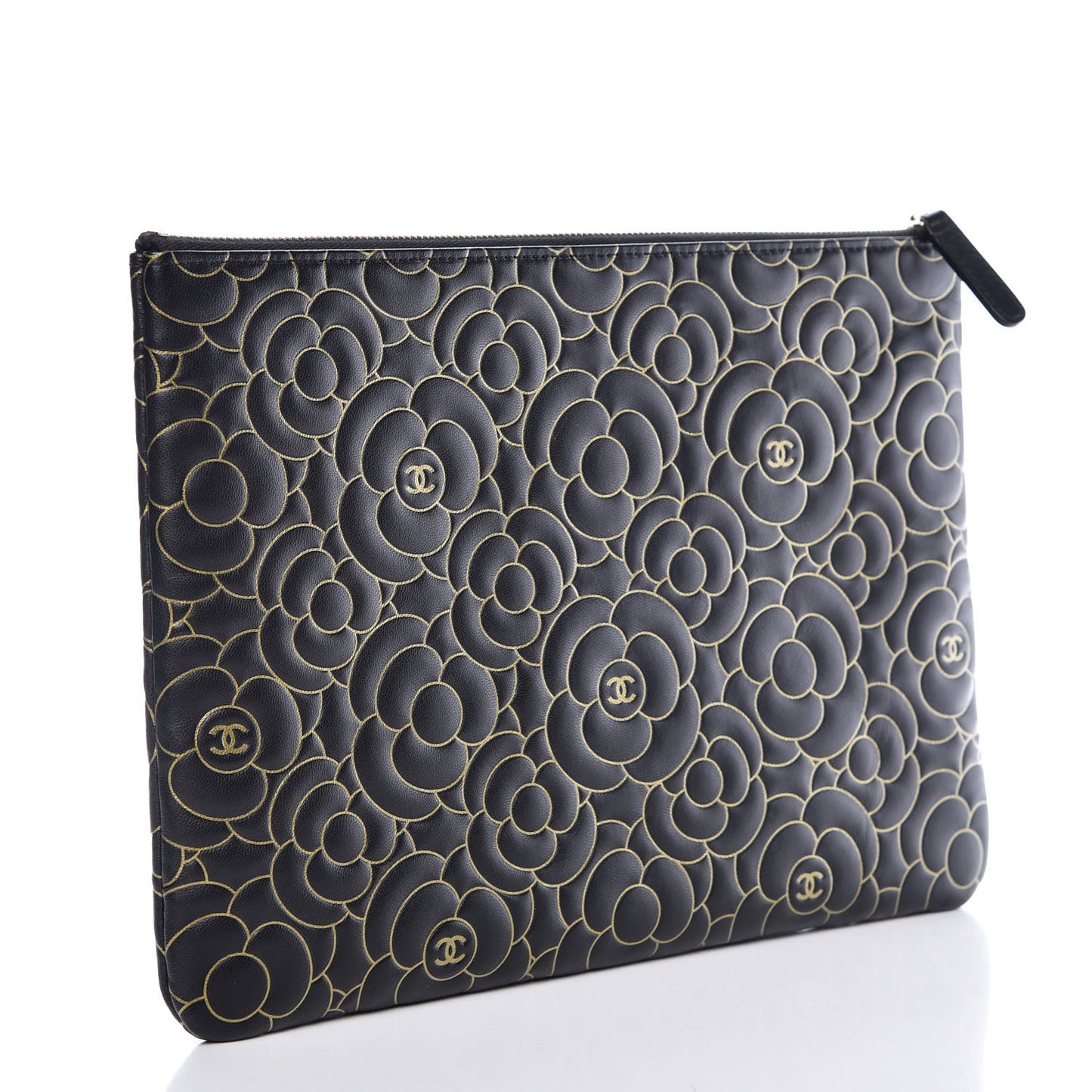 Lambskin Camellia Embossed Medium Cosmetic Case Black Gold