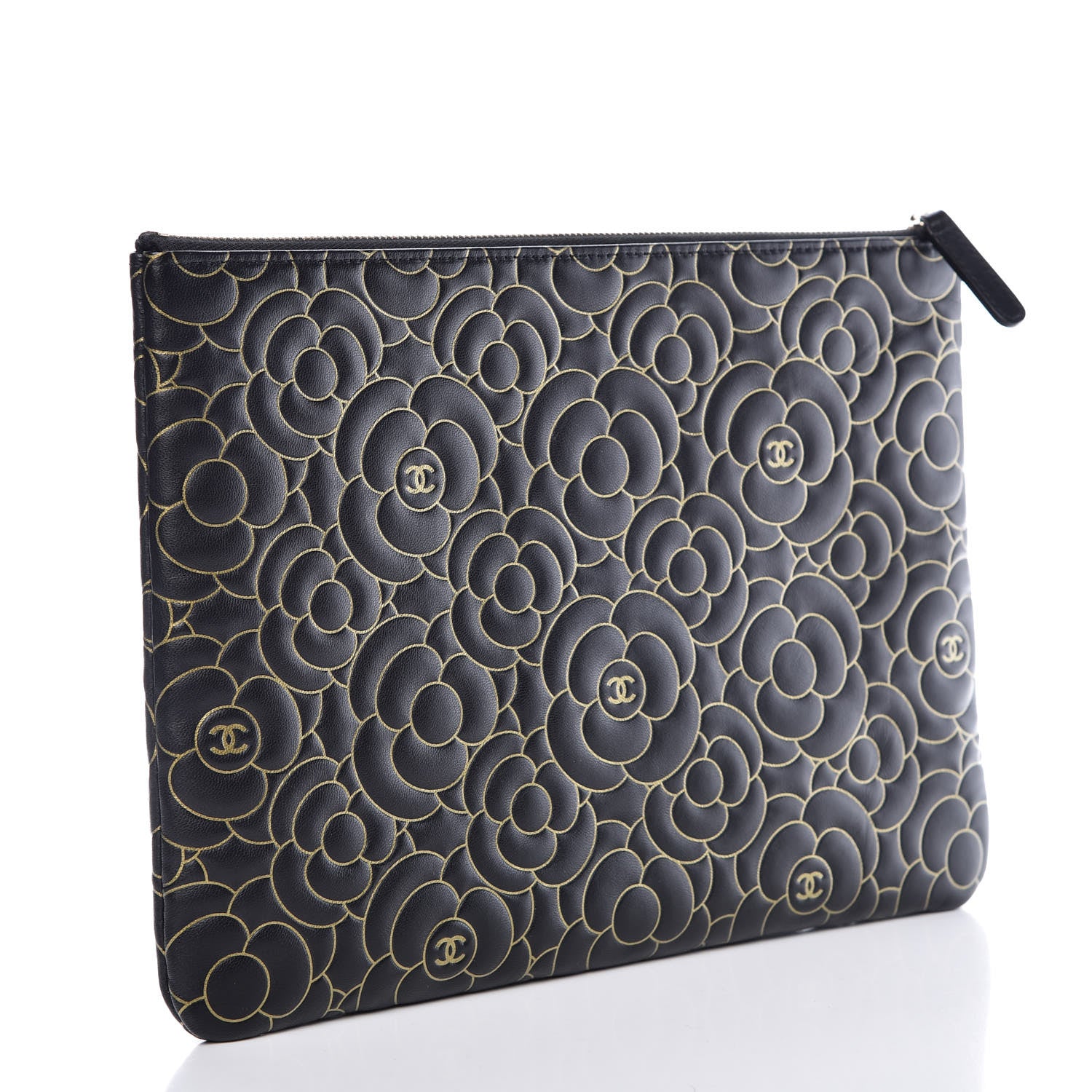 Chanel Lambskin Camellia Embossed Medium Cosmetic Case Black Gold 3 of 10