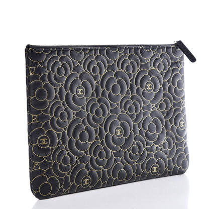 Chanel Lambskin Camellia Embossed Medium Cosmetic Case Black Gold 3 of 10