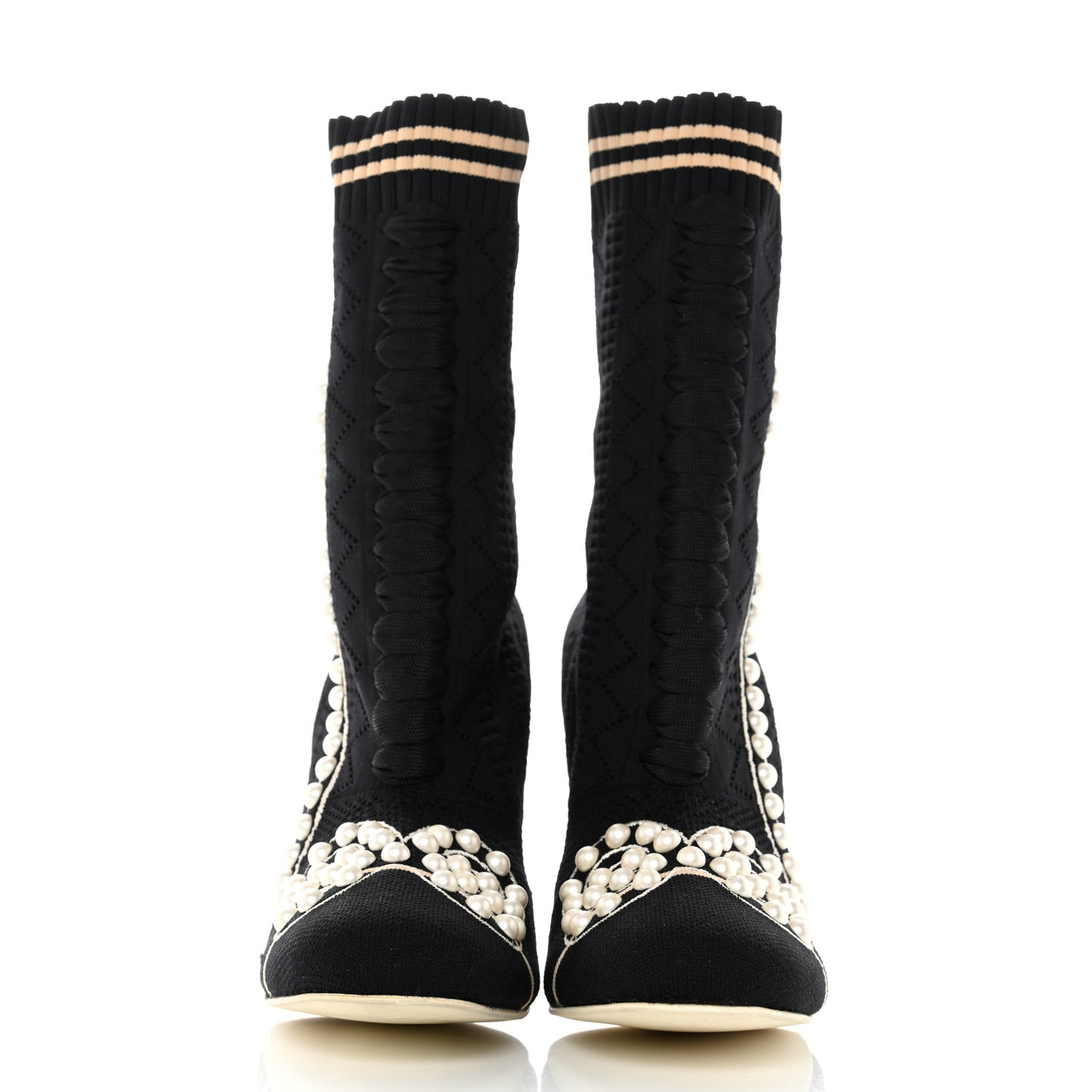 Stretch Fabric Pearl Embellished Openwork Rockoko 105mm Sock Boots 37.5 Black