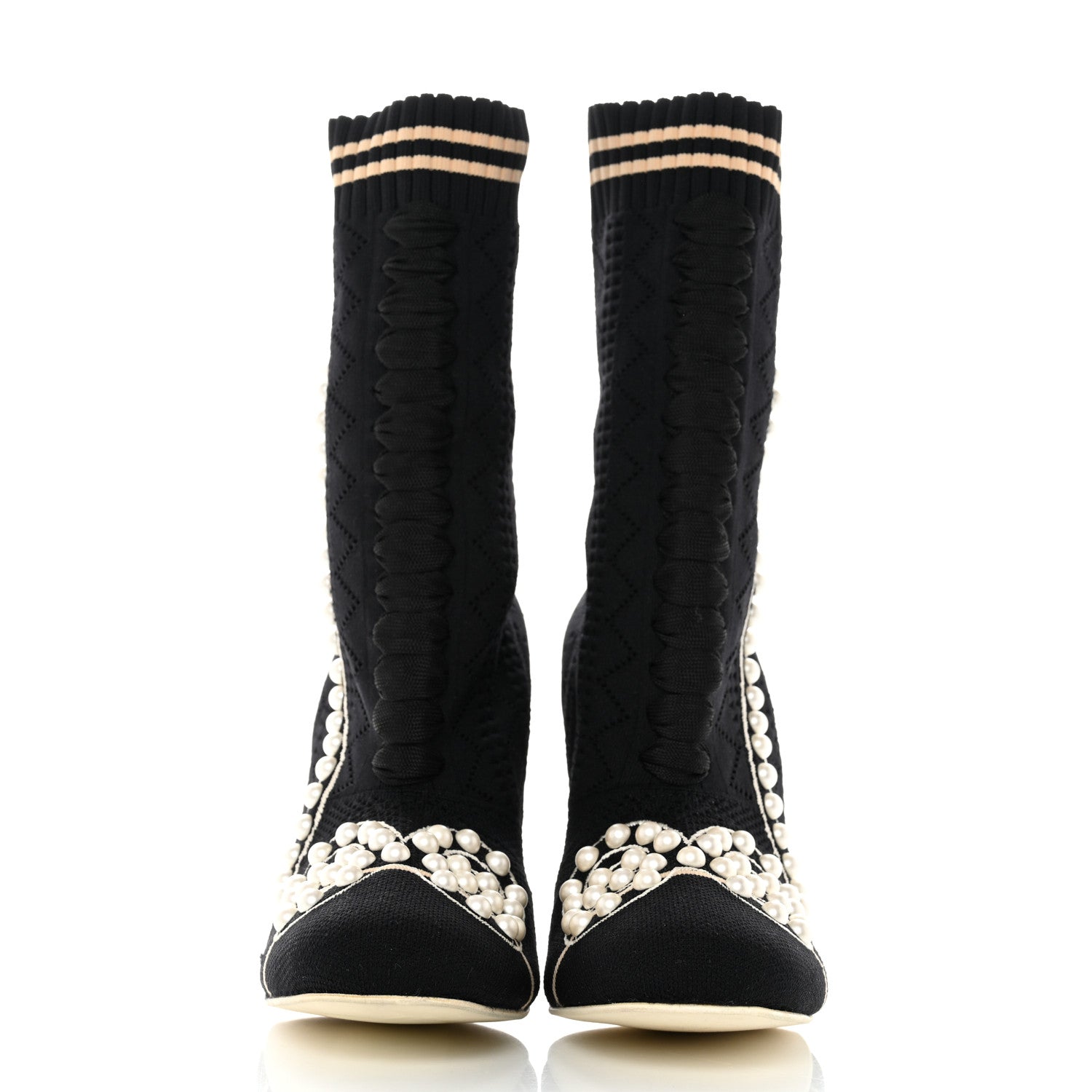 Fendi Stretch Fabric Pearl Embellished Openwork Rockoko 105mm Sock Boots 37.5 Black 2 of 8