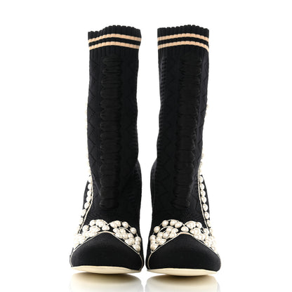Fendi Stretch Fabric Pearl Embellished Openwork Rockoko 105mm Sock Boots 37.5 Black 2 of 8