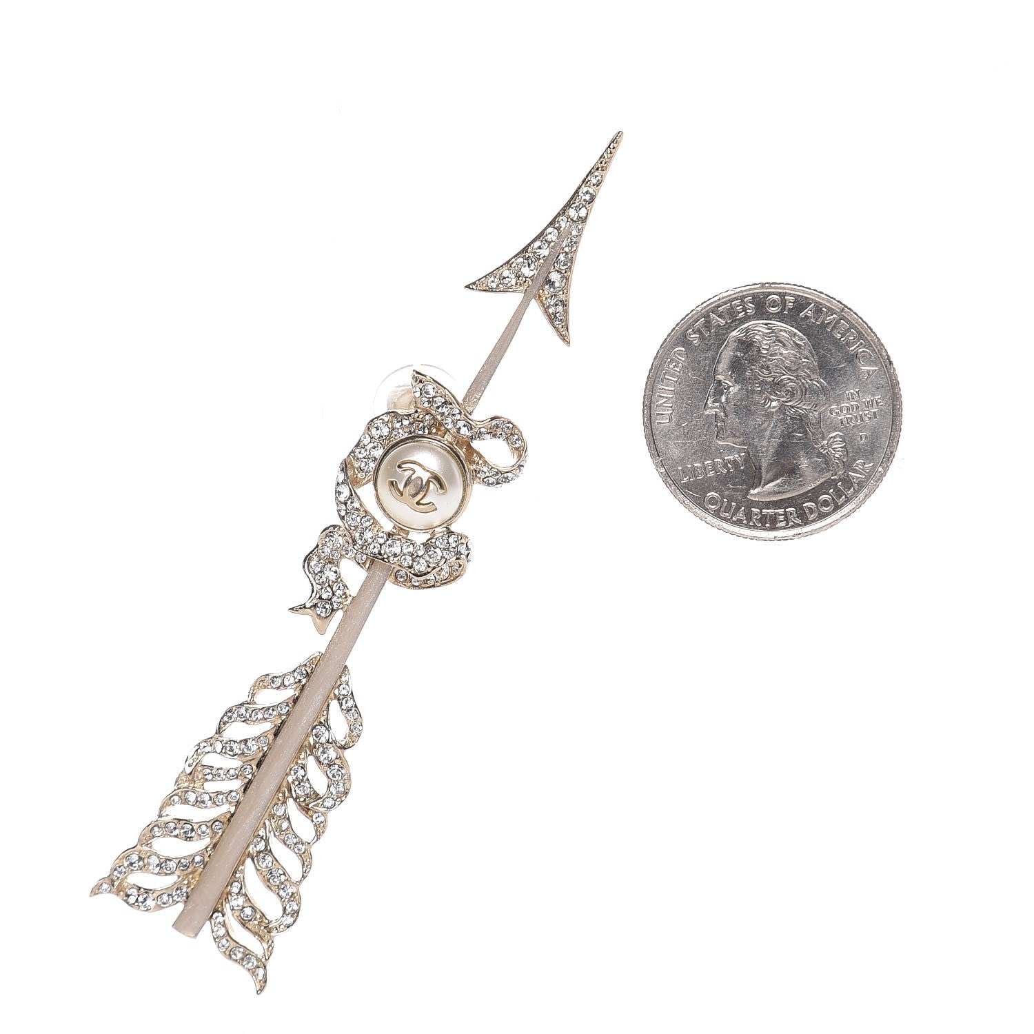Chanel Crystal Pearl CC Arrow Clip On Earrings Gold 2 of 5