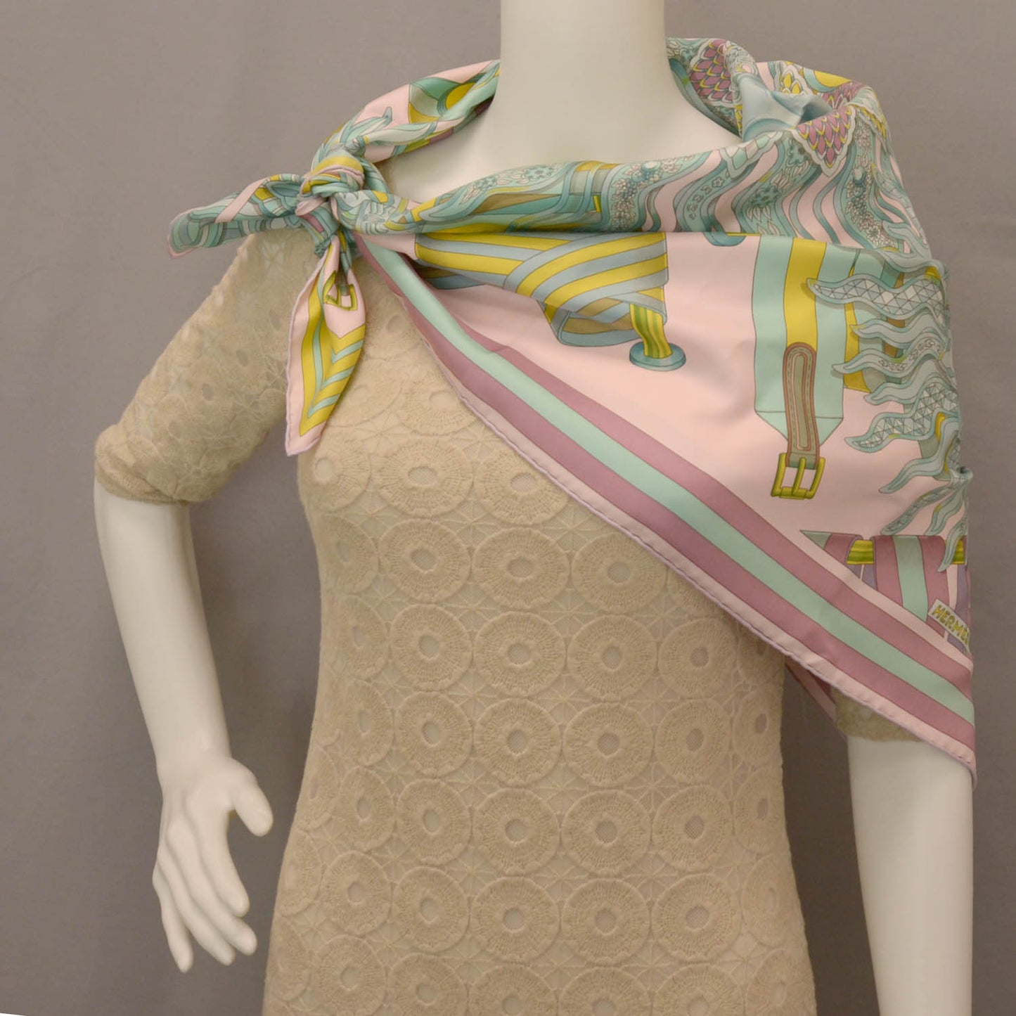 Silk Les Sangles de Phoebus Scarf 90 Rose Pale Aqua Arnica