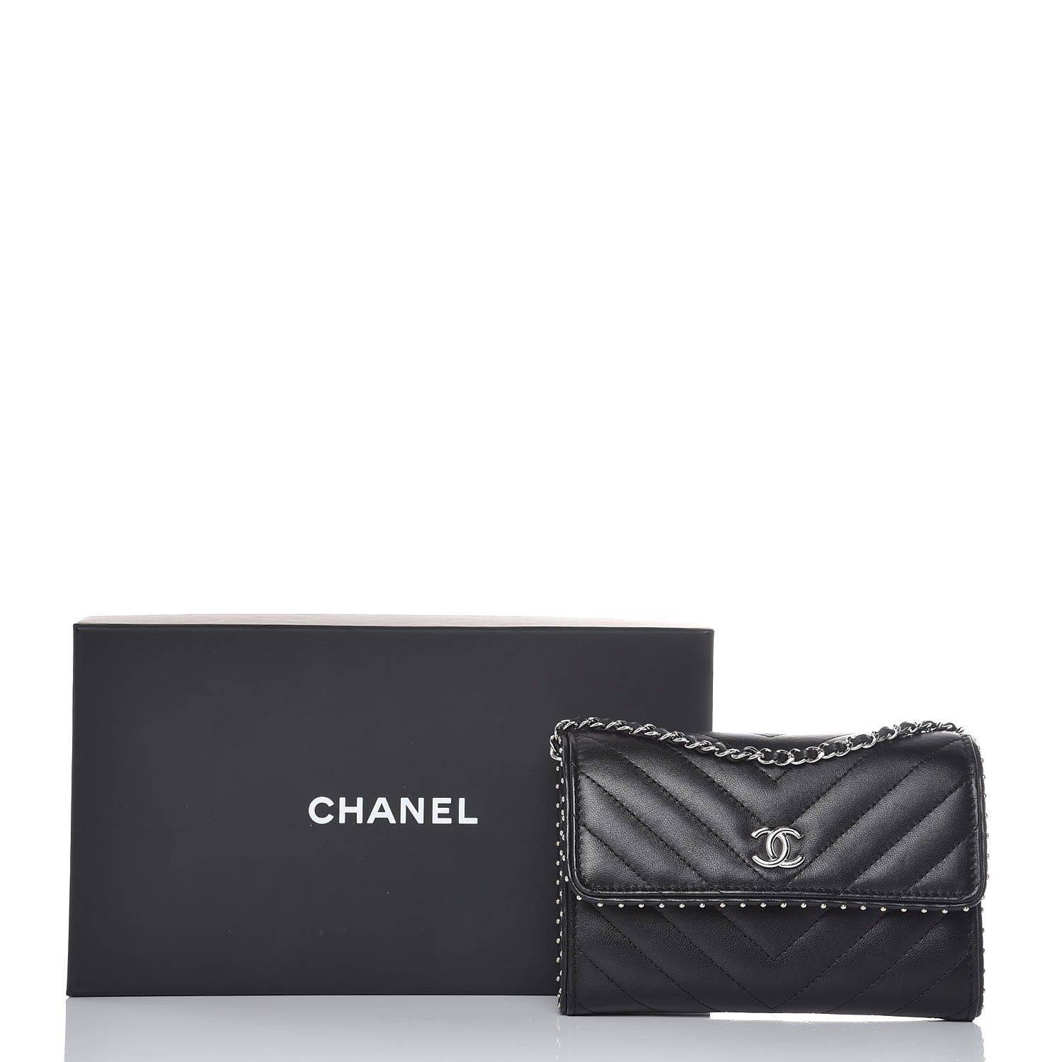 Chanel Lambskin Chevron Quilted Studded Clutch With Chain WOC Black 11 of 11