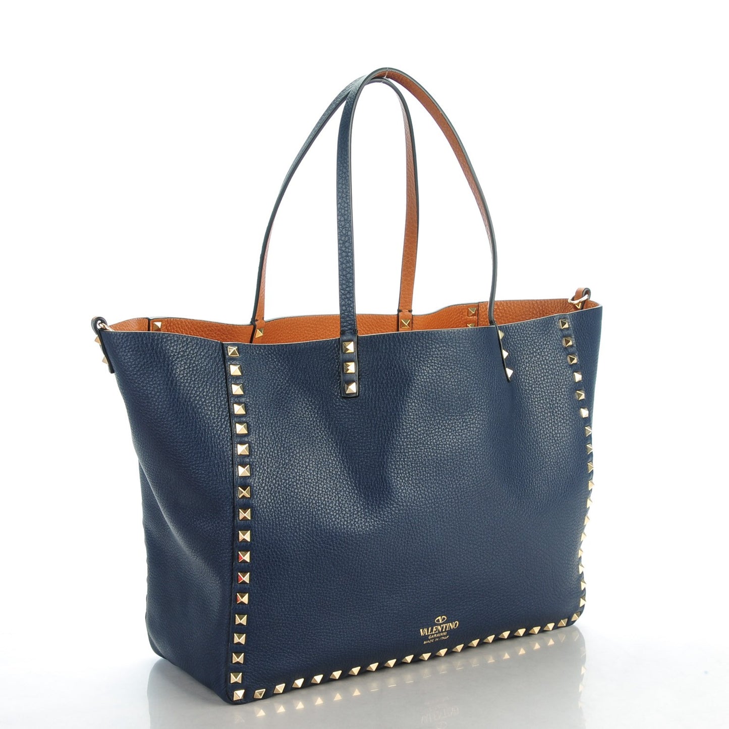 Pebbled Calfskin Medium Rockstud Reversible Tote Light Cuir Marine