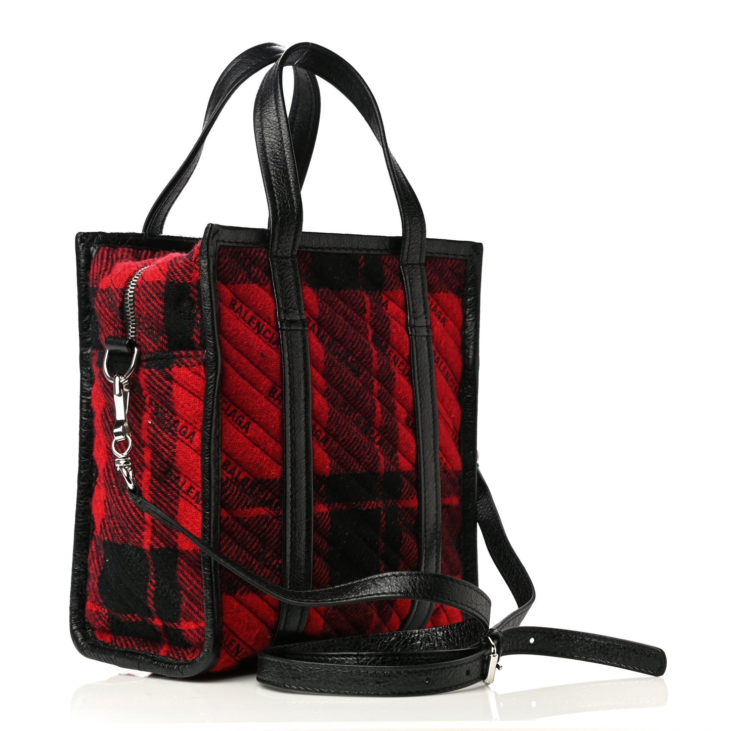 Wool Cuir Arena Plaid Diagonal Allover Logo Matelasse XS Bazar Shopper Tote Red Black