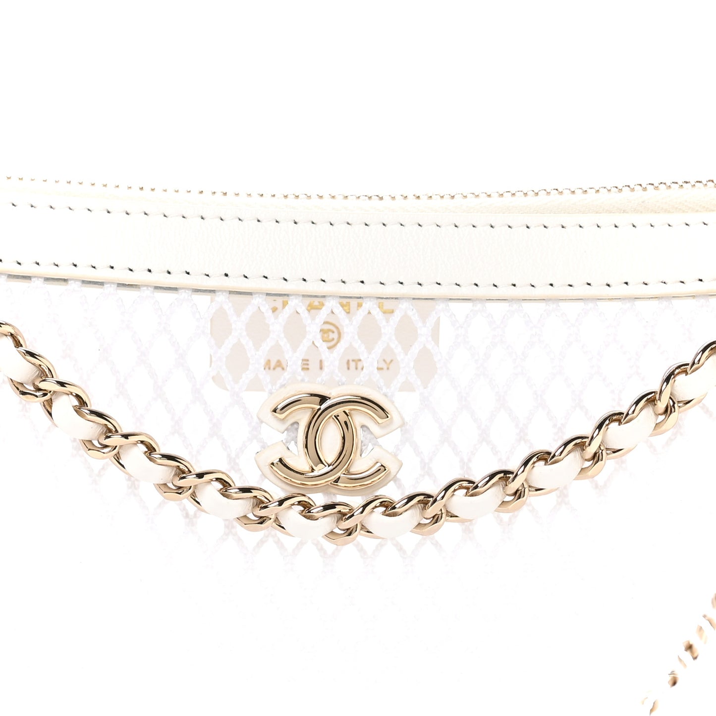 Mesh Shiny Lambskin Chain Hobo White