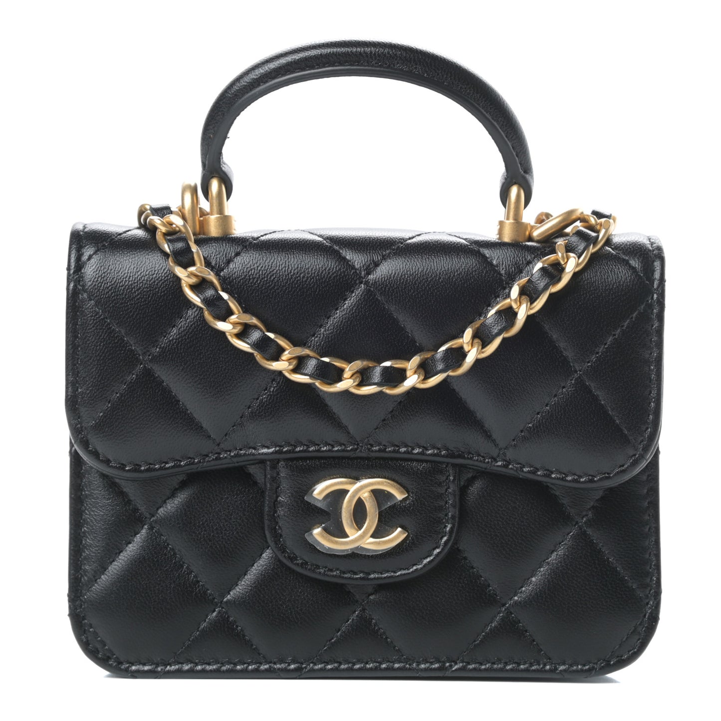 Lambskin Quilted Top Handle Flap Coin Purse With Chain Black
