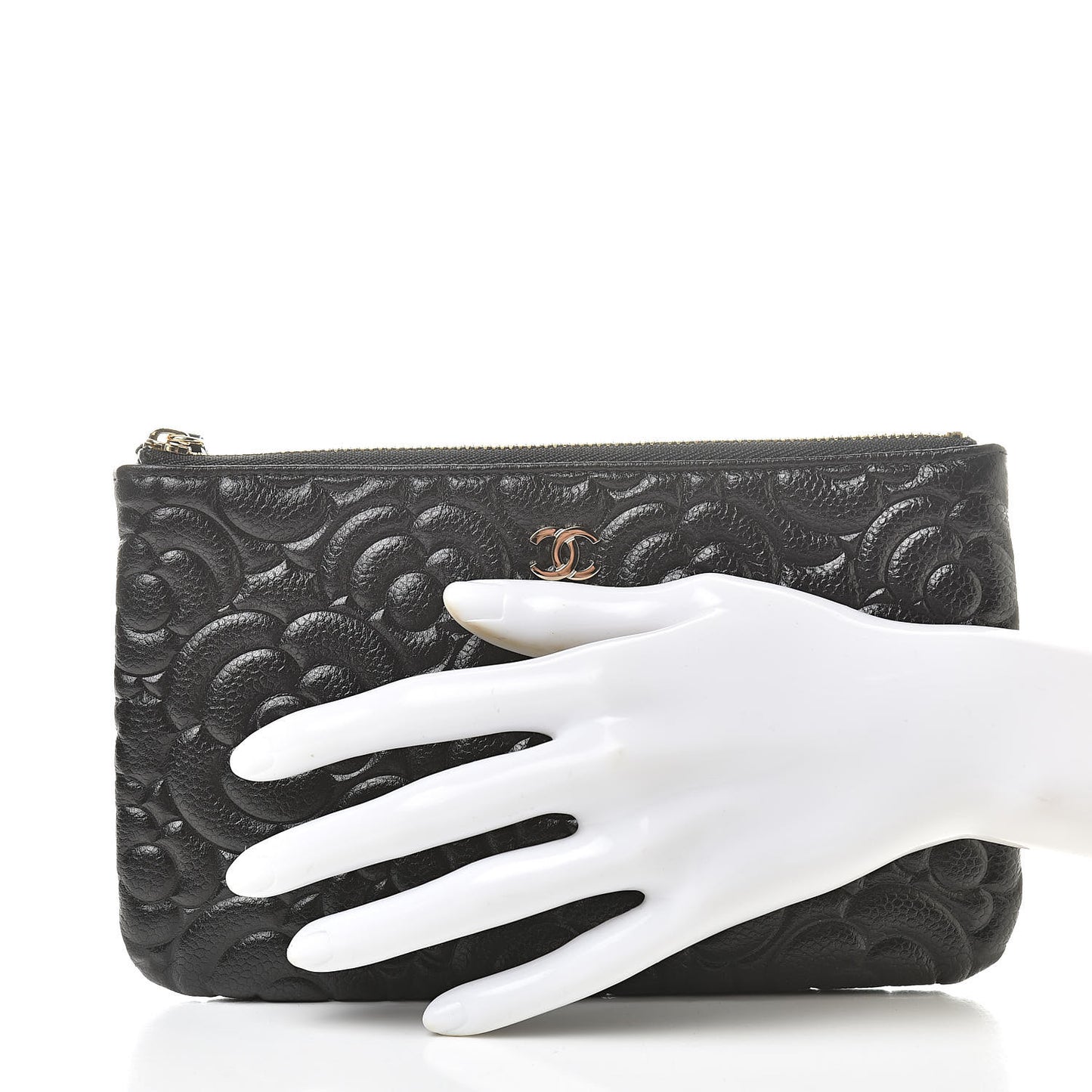 Caviar Camellia Embossed Small Pouch Black