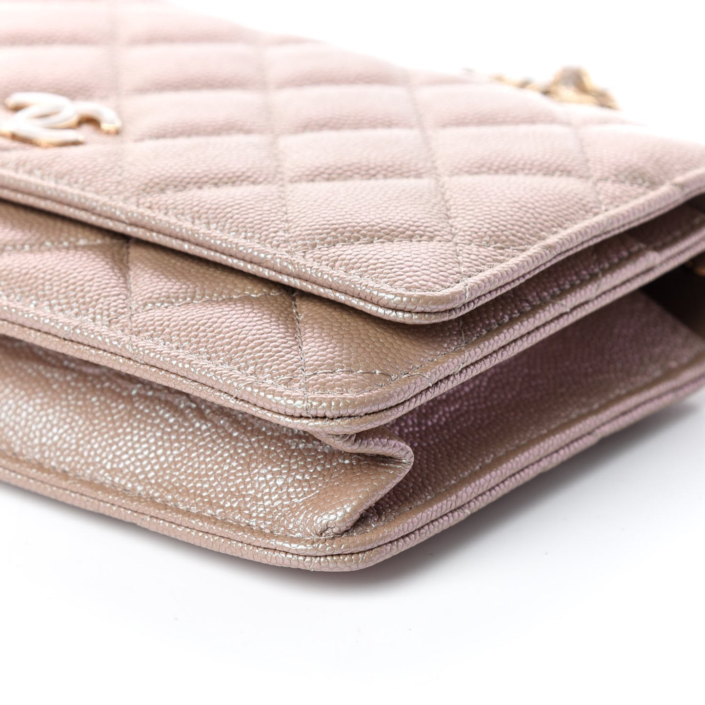 Iridescent Caviar Quilted Wallet On Chain WOC Beige