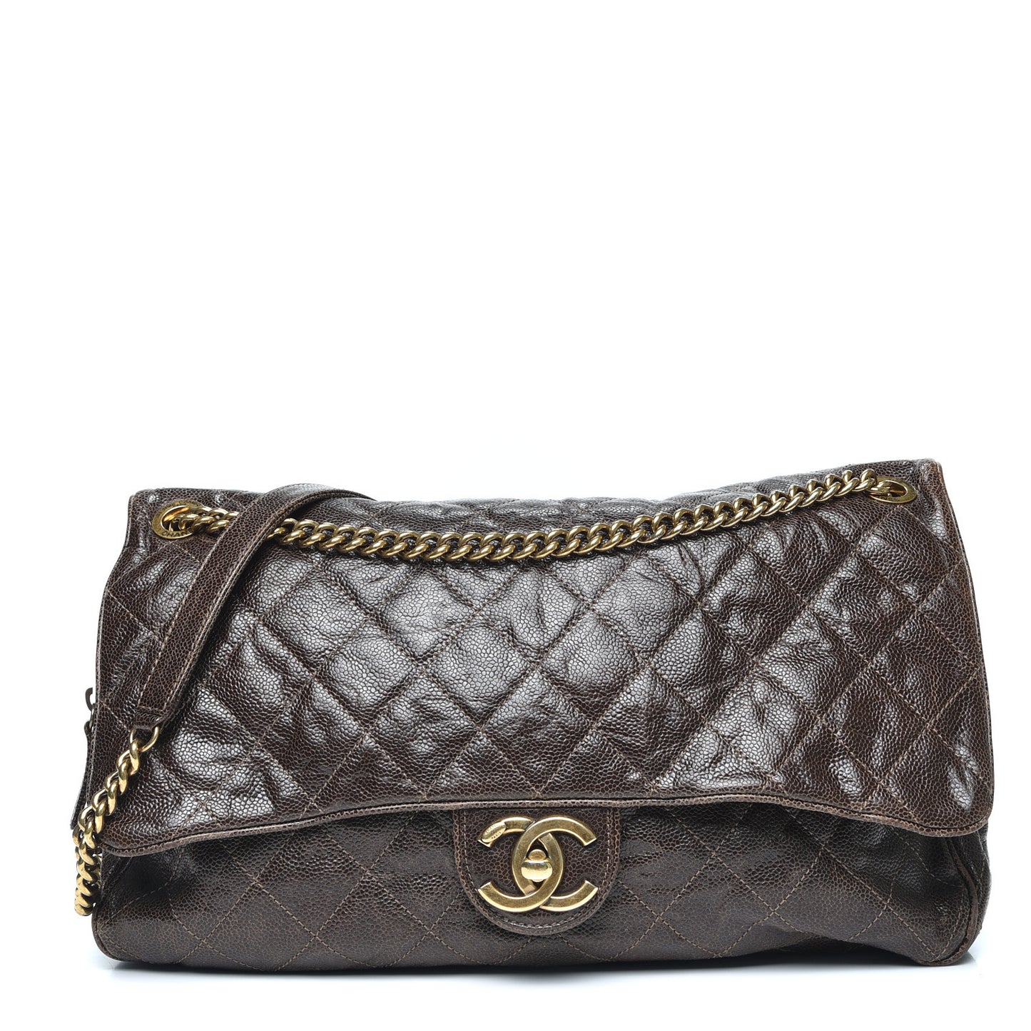 Crumpled Grained Calfskin Quilted Maxi Shiva Flap Brown