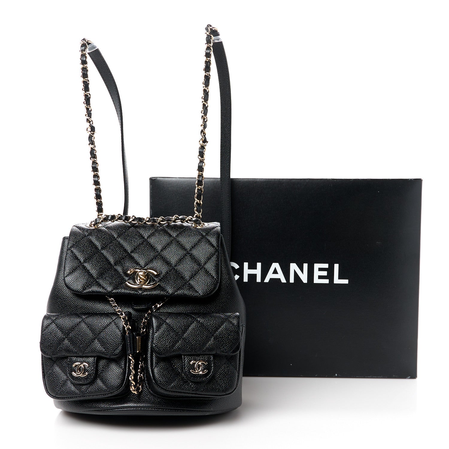Chanel Shiny Caviar Quilted Medium Duma Pockets Drawstring Backpack Black 12 of 12