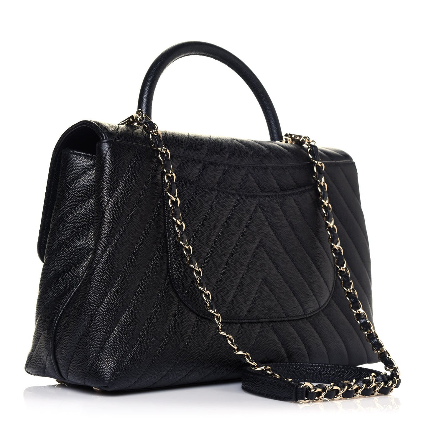Caviar Chevron Quilted Medium Coco Handle Flap Black