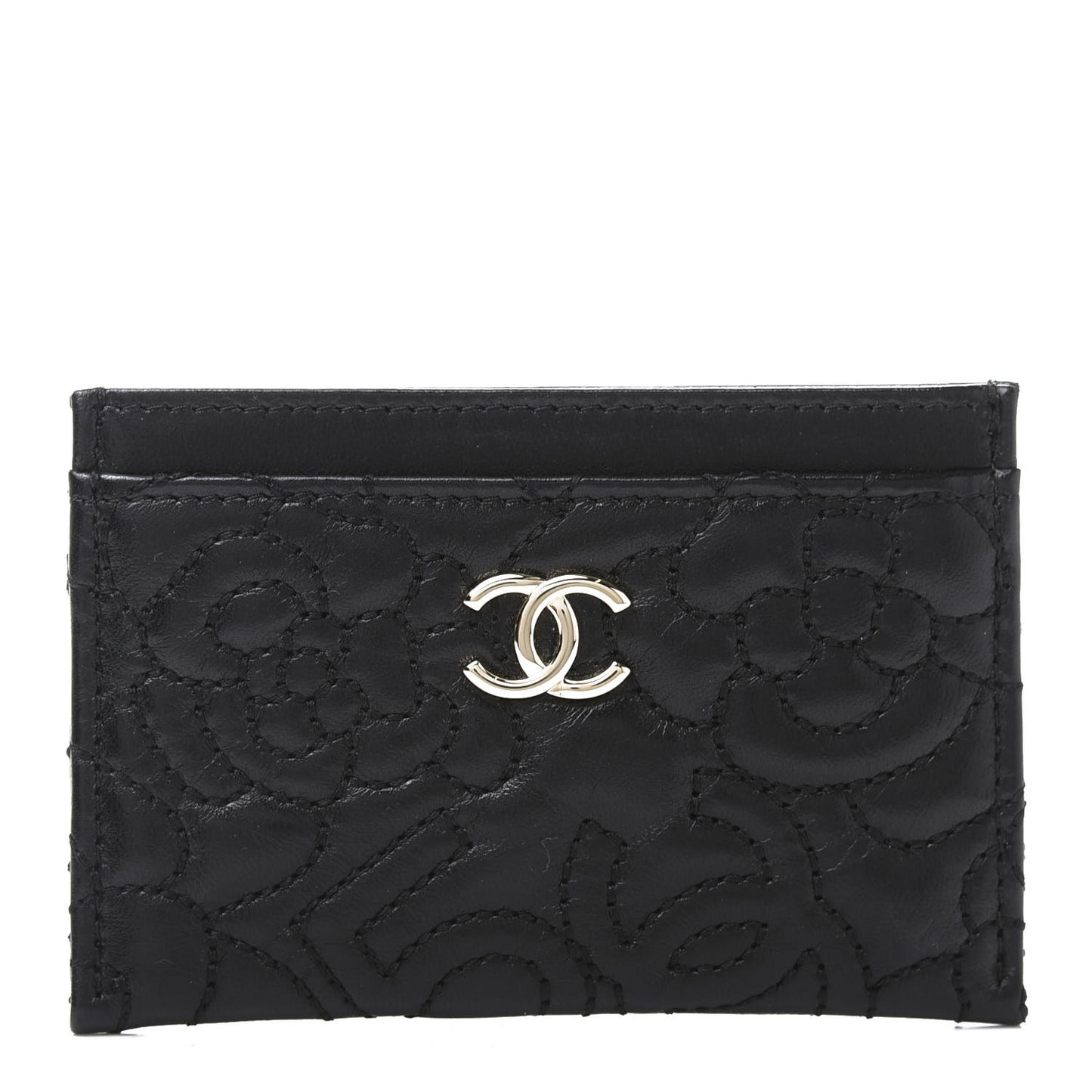 Lambskin Camellia Stitched Card Holder Black