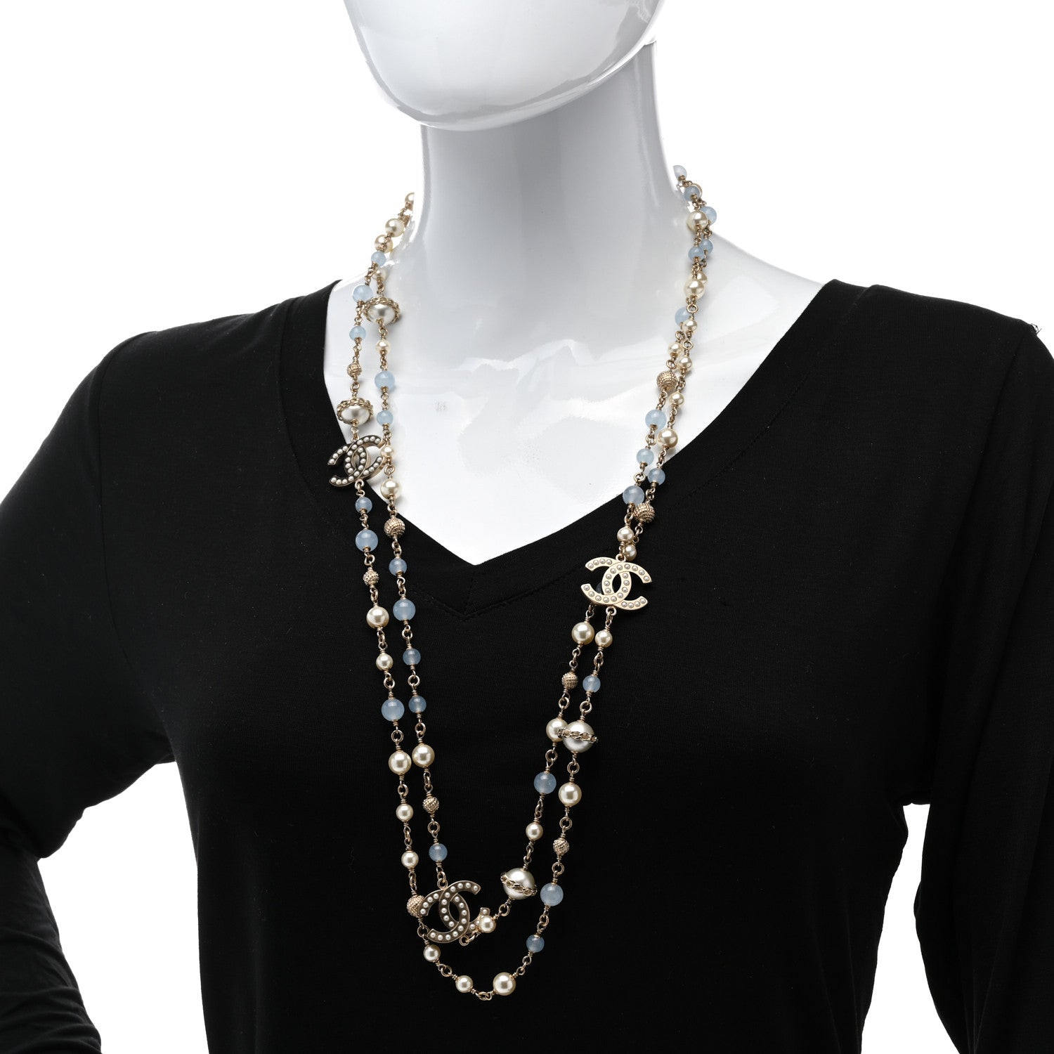 Chanel Pearl Beaded CC Long Necklace Gold Light Blue 2 of 5