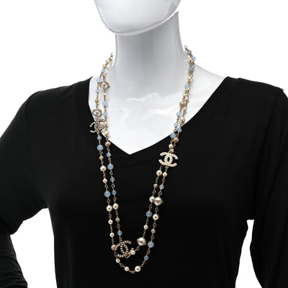 Chanel Pearl Beaded CC Long Necklace Gold Light Blue 2 of 5