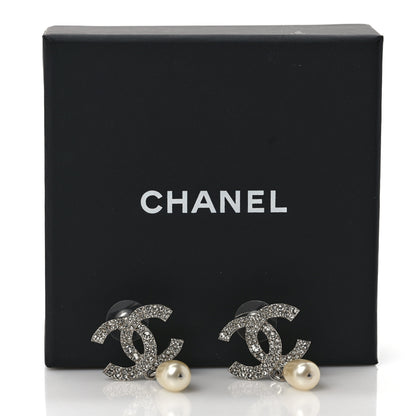 Chanel Pearl Crystal CC Drop Earrings Silver Pearly White 5 of 5