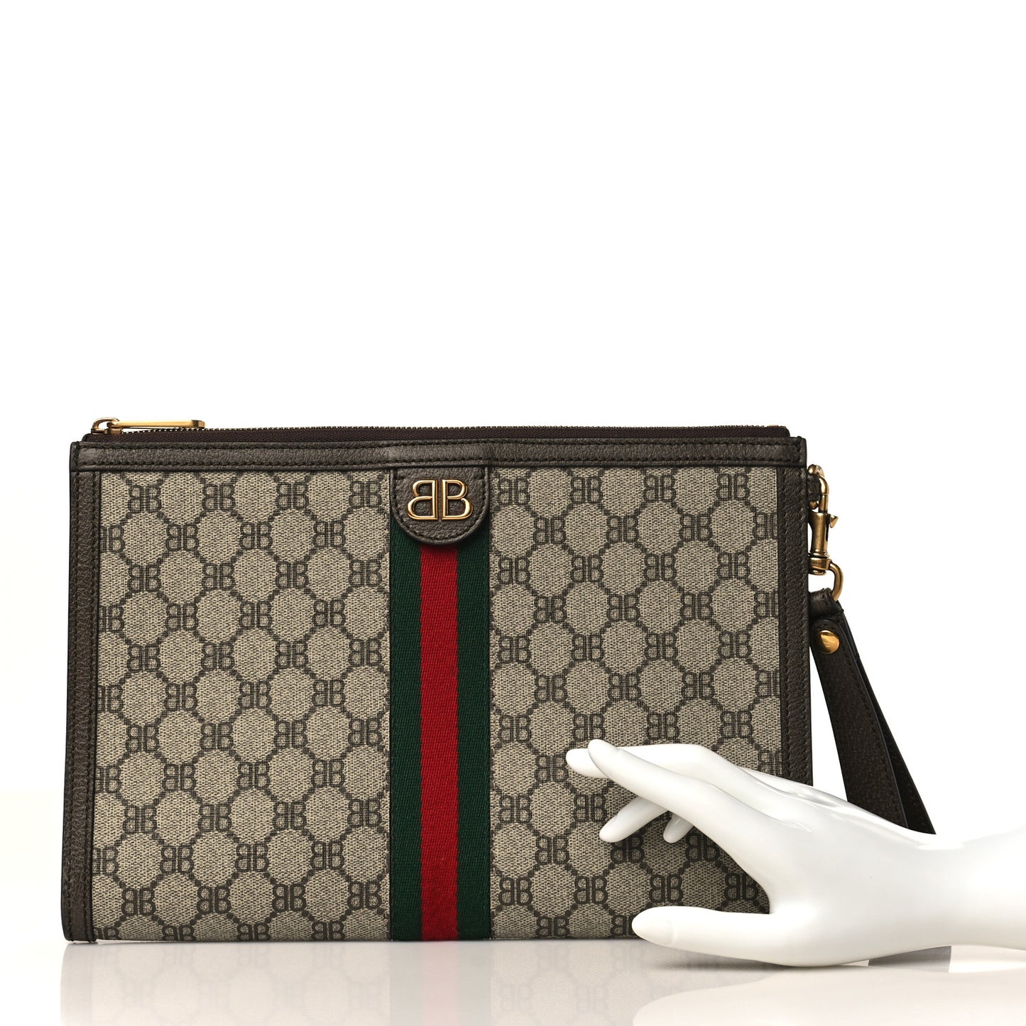 X BALENCIAGA BB Supreme Monogram Web Ophidia Wristlet Beige New Acero