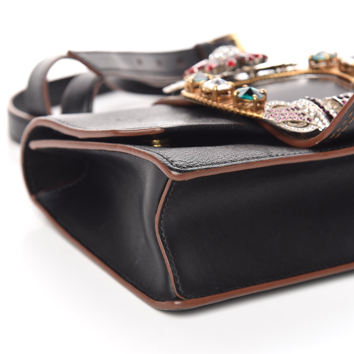 Miu Miu Goatskin Madras Soft Calf Crystal Embellished Shoulder Bag Black 15 of 16