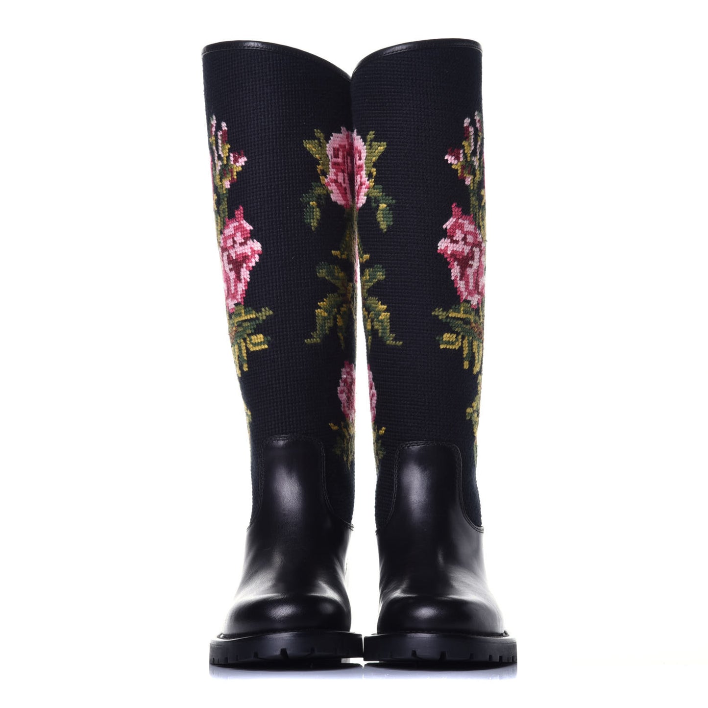 Woven Wool Embroidered Calfskin Knee High Boot 36.5 Black