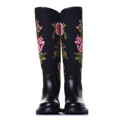 Saint Laurent Woven Wool Embroidered Calfskin Knee High Boot 36.5 Black 2 of 7