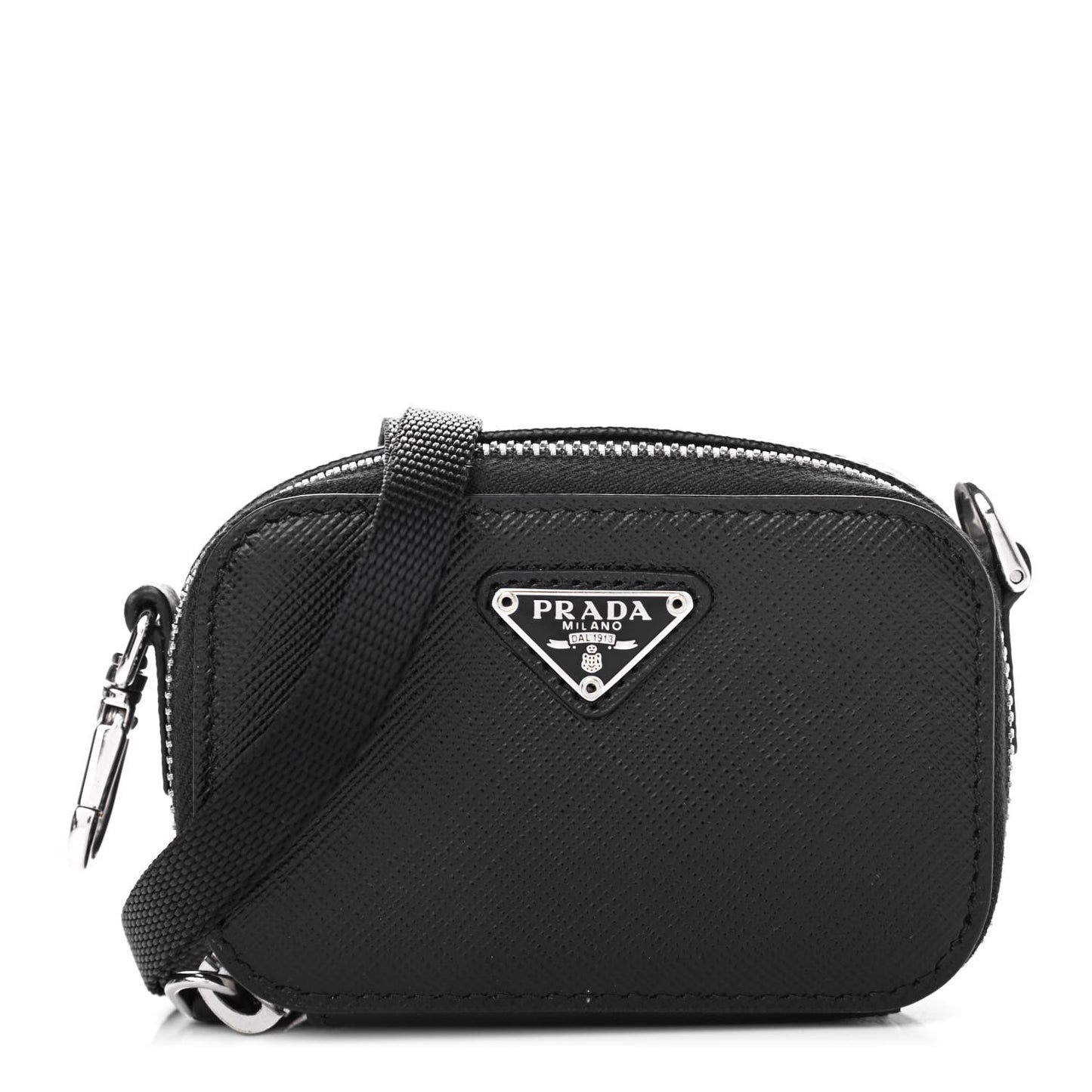 Saffiano Travel Metal Triangle Logo Mini Pouch Shoulder Bag Black