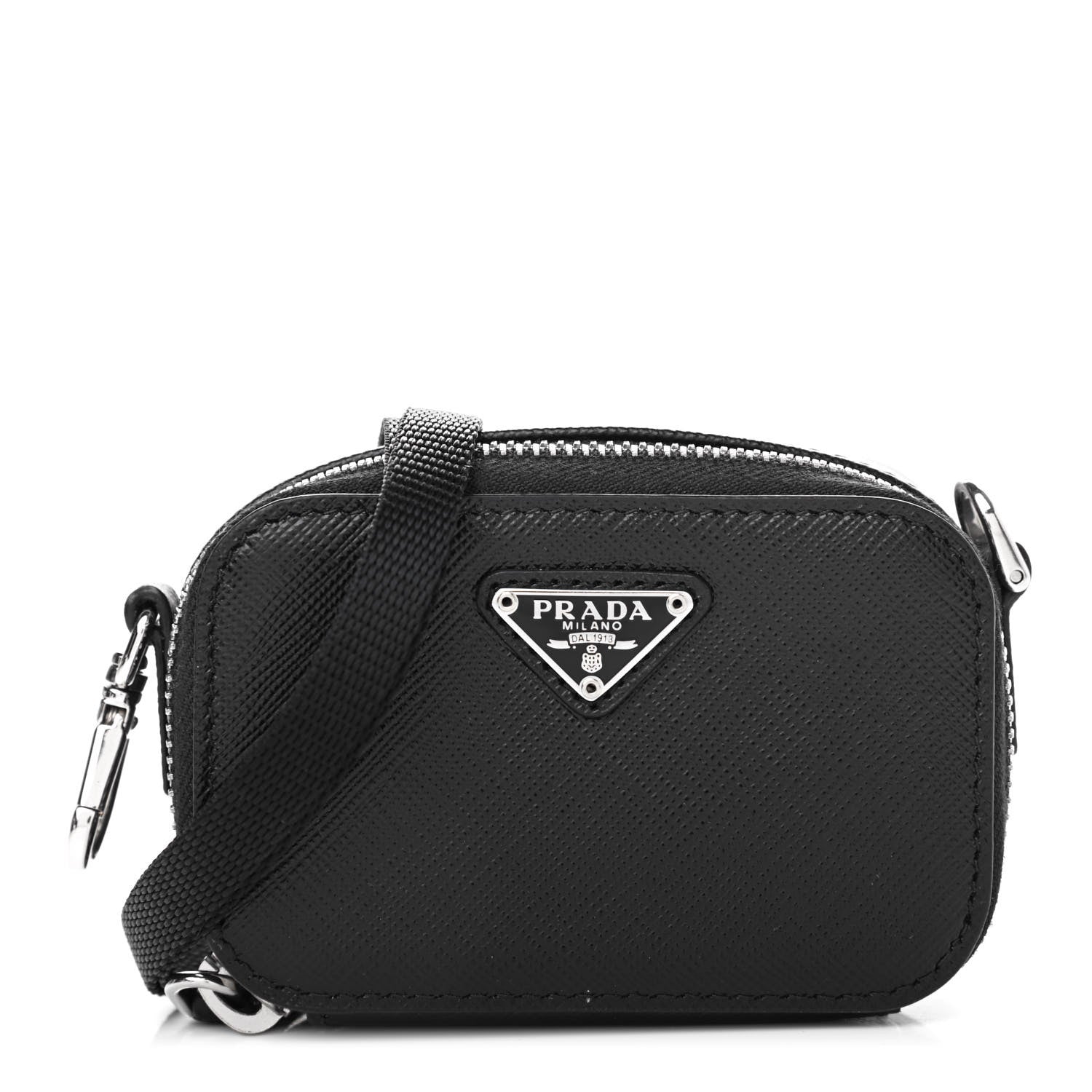 Prada Saffiano Travel Metal Triangle Logo Mini Pouch Shoulder Bag Black 1 of 7