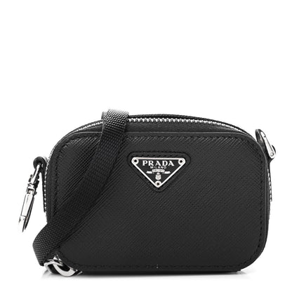 Prada Saffiano Travel Metal Triangle Logo Mini Pouch Shoulder Bag Black 1 of 7