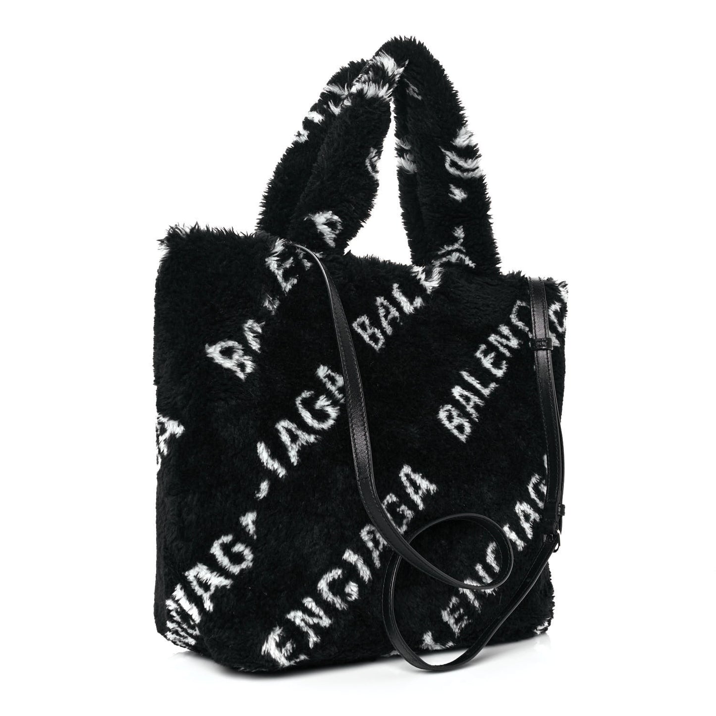 Faux Fur Diagonal Logo Everyday Tote Black White