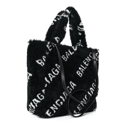 Balenciaga Faux Fur Diagonal Logo Everyday Tote Black White 2 of 8