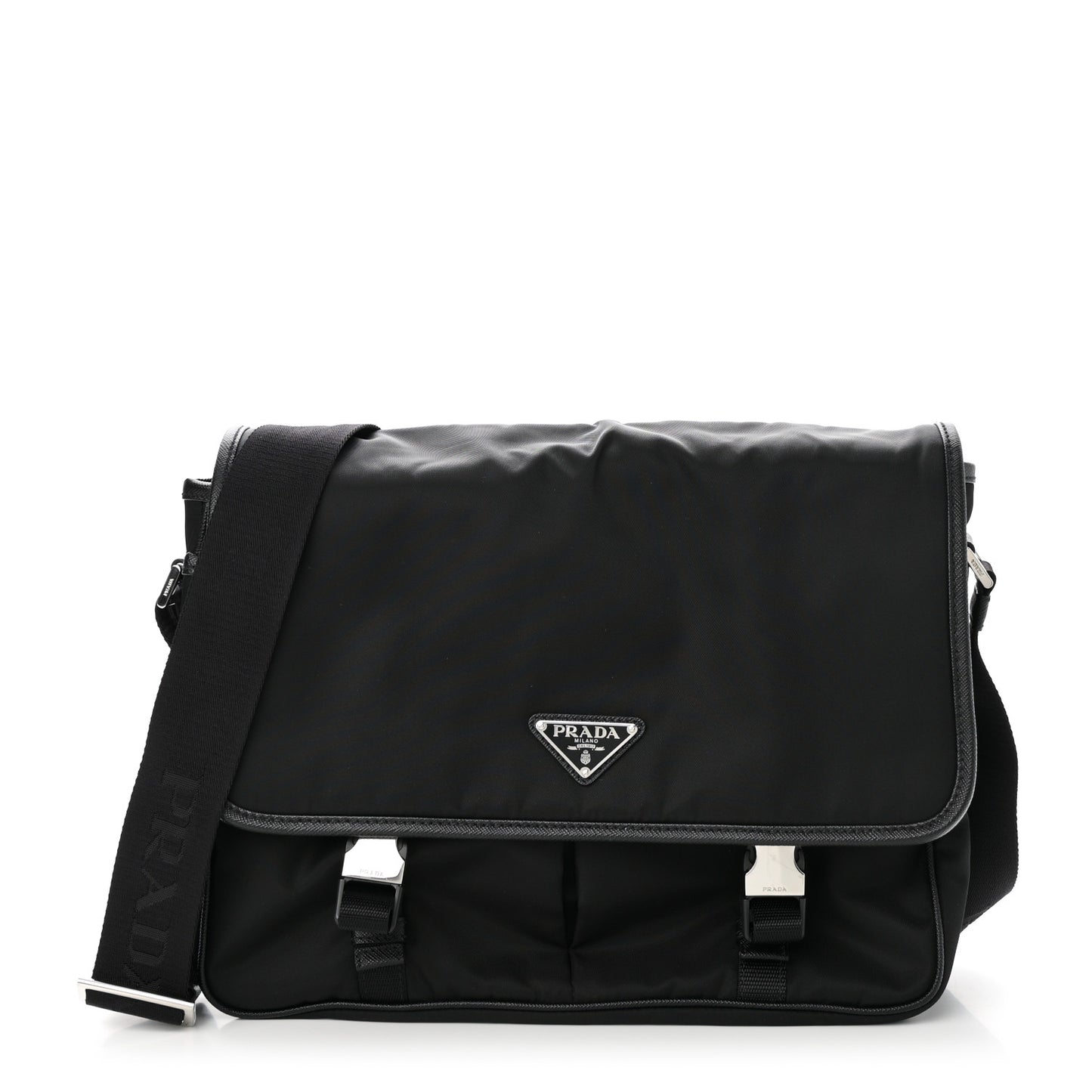 Tessuto Nylon Saffiano Large Double Snap Buckle Messenger Bag Black