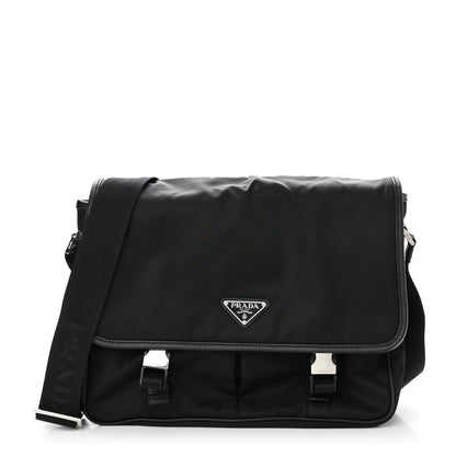 Prada Tessuto Nylon Saffiano Large Double Snap Buckle Messenger Bag Black 1 of 9