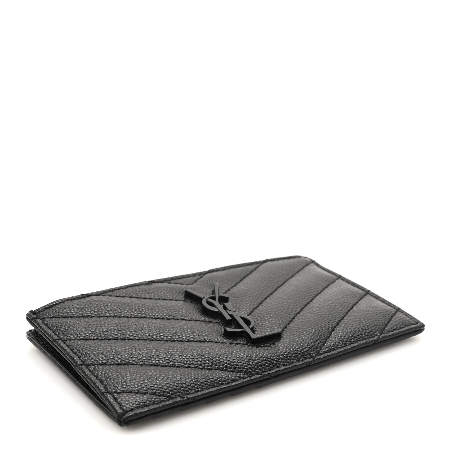 Saint Laurent Grain De Poudre Matelasse Chevron Monochrome Fragments Zippered Card Case Black 4 of 8
