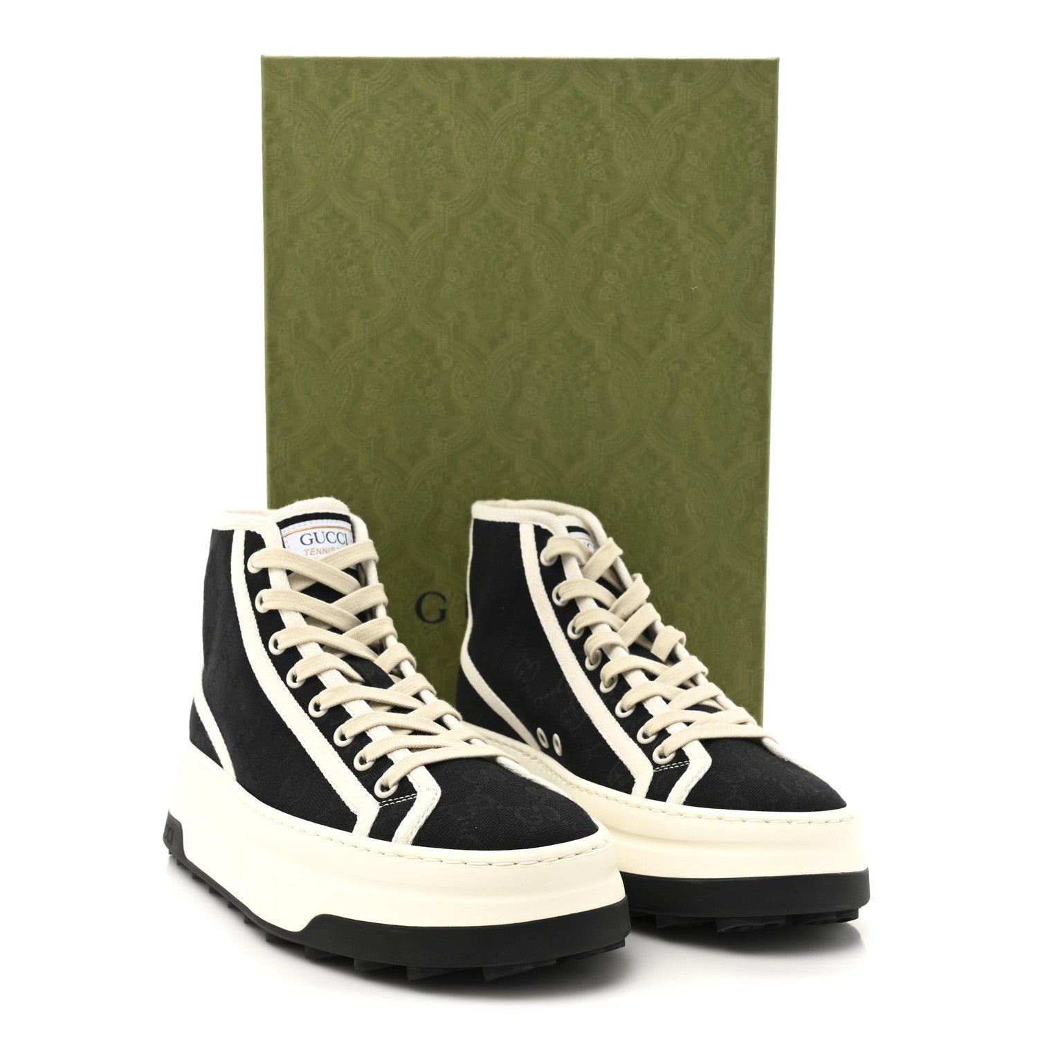 Gucci New Canvas GG Monogram Womens Tennis 1977 High Top 55mm Platform Sneakers 38 Black Mystic White 8 of 8