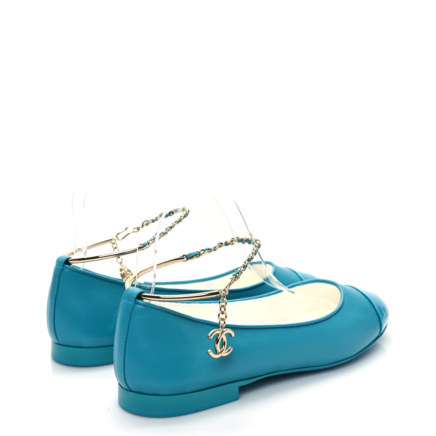 Chanel Lambskin Patent Calfskin Cap Toe Ankle Chain Ballerina Flats 38 Turquoise 9 of 18