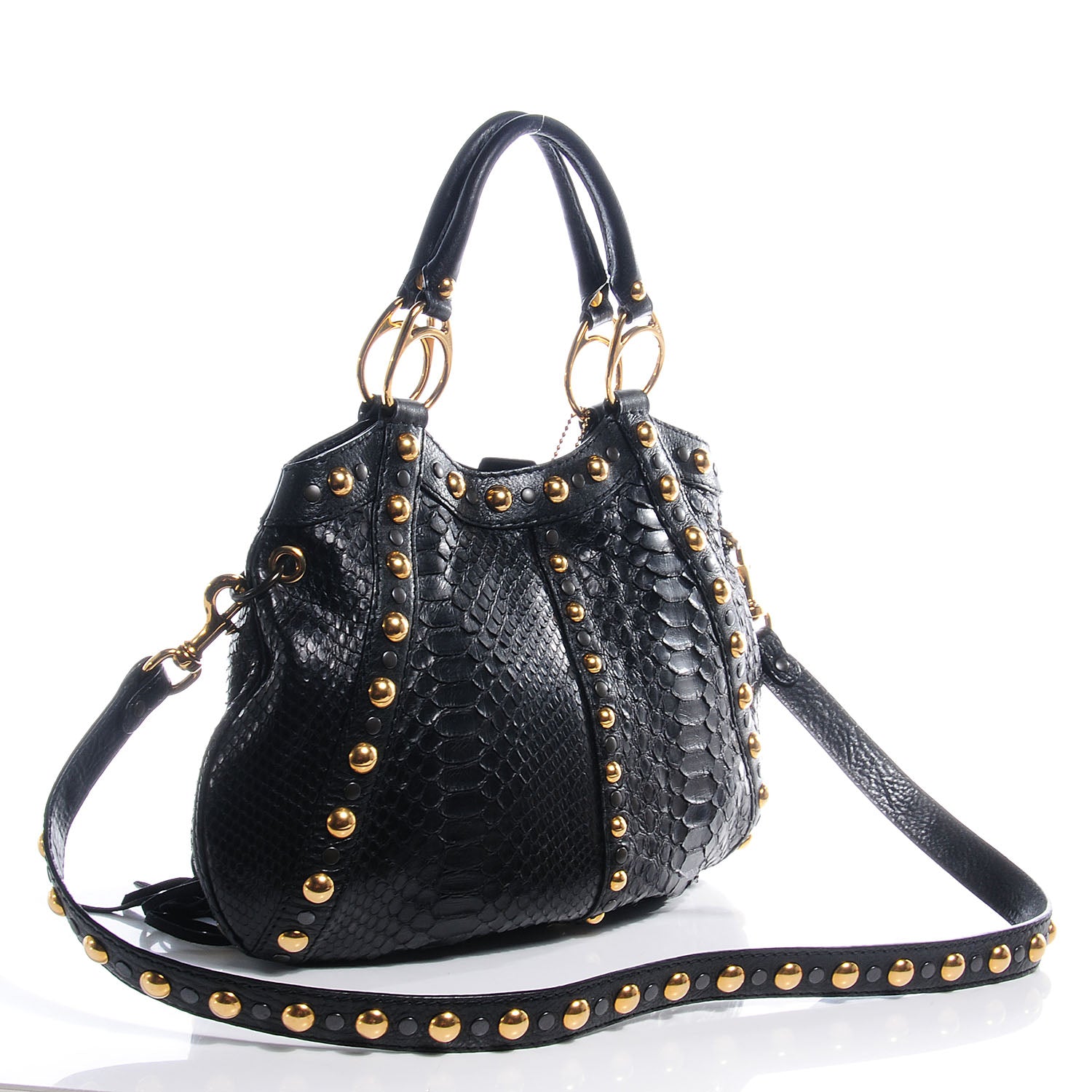 Gucci Leather Python Suede Fringe Babouska Tote Black 3 of 8
