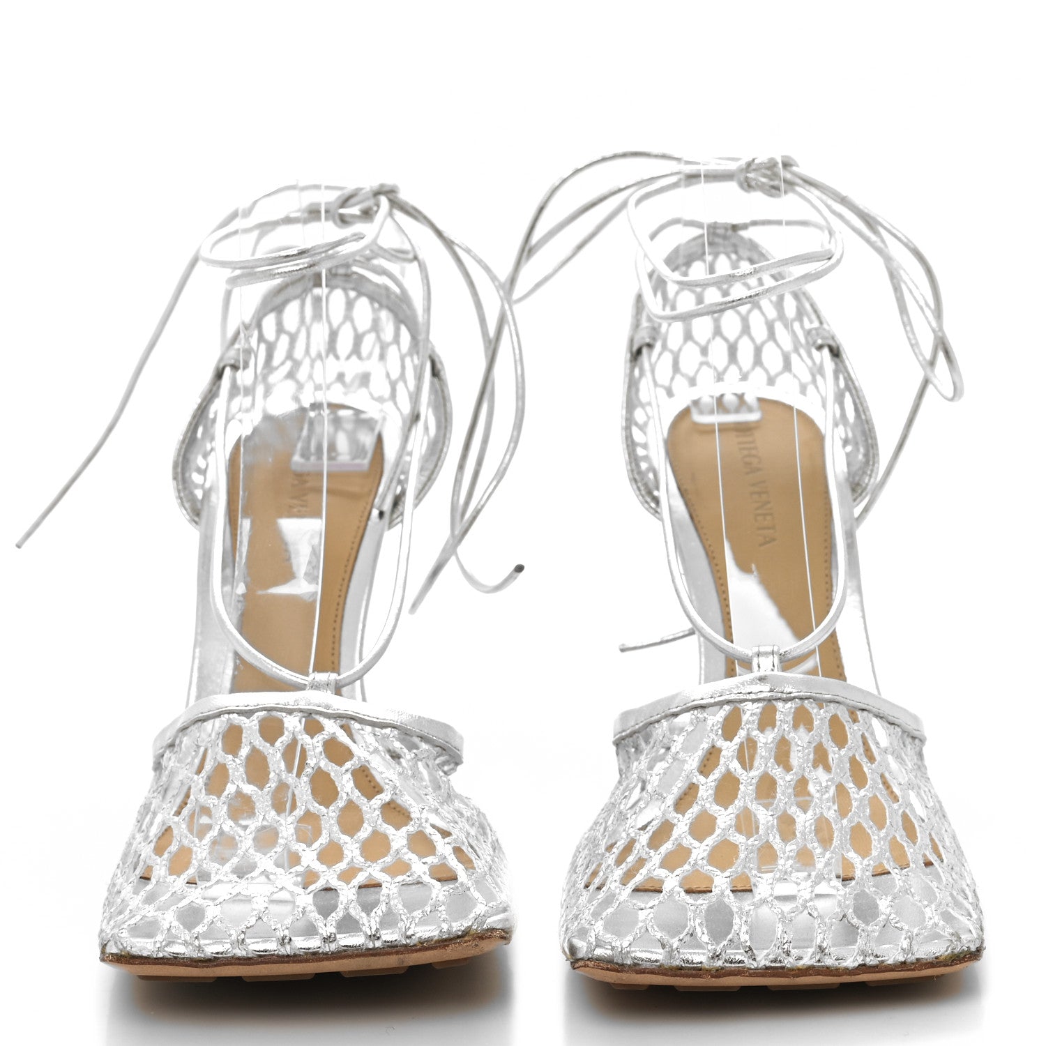 Bottega Veneta Mesh Metallic Nappa Stretch Ankle Tie Sandals 37.5 Silver 2 of 7