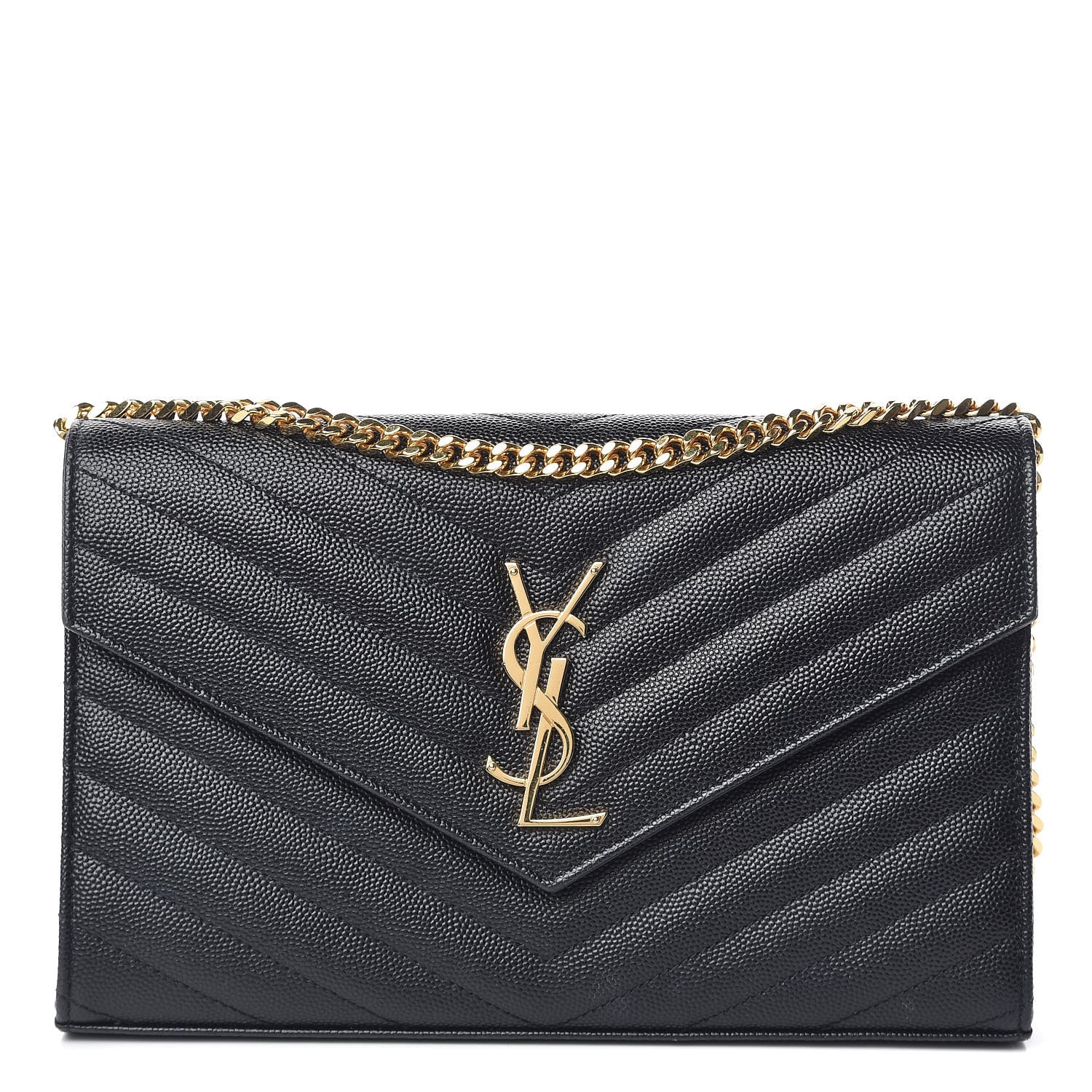 Saint Laurent Grain De Poudre Matelasse Chevron Monogram Chain Wallet Black 1 of 12