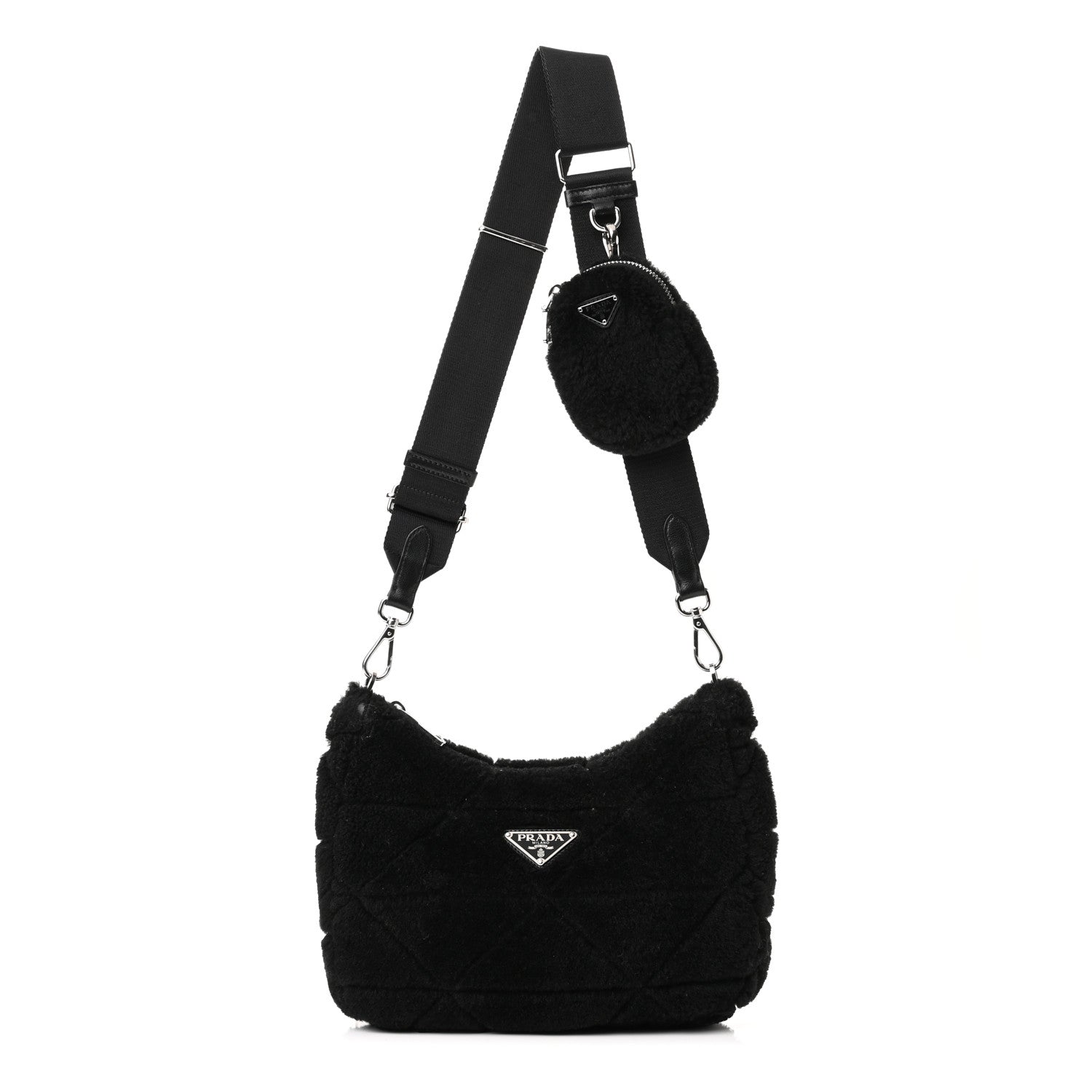 Prada Shearling Nappa Triangle Quilted Patchwork System Shoulder Bag Black 1 of 11